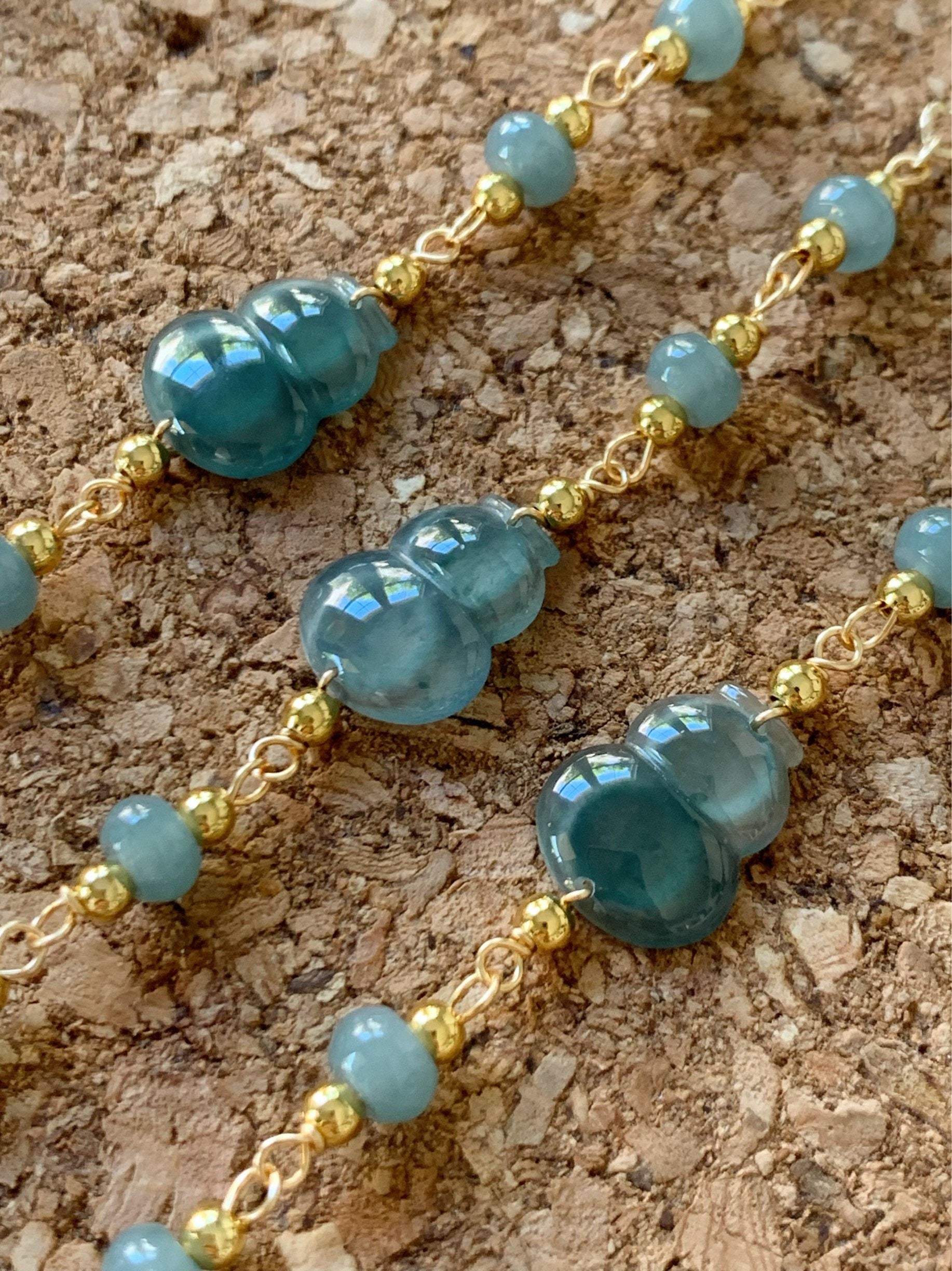 Natural Guatemalan Icy Highly Translucent Teal Blue Jadeite Carved Hulu Gourd Bracelet 14K Gold Plated adjustable 7.25” 天然冰危蓝绿翡翠葫芦14K包金手链