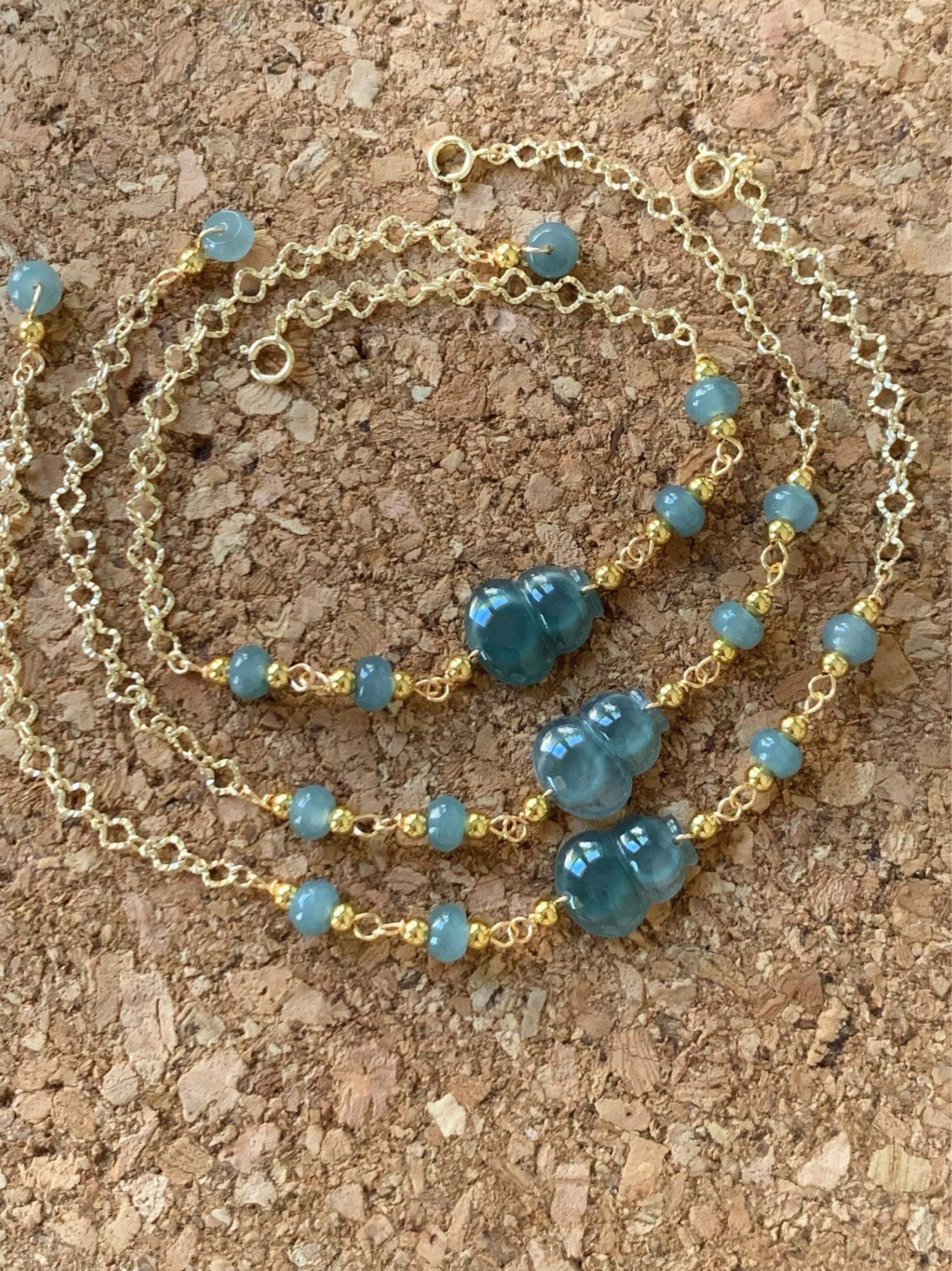 Natural Guatemalan Icy Highly Translucent Teal Blue Jadeite Carved Hulu Gourd Bracelet 14K Gold Plated adjustable 7.25” 天然冰危蓝绿翡翠葫芦14K包金手链