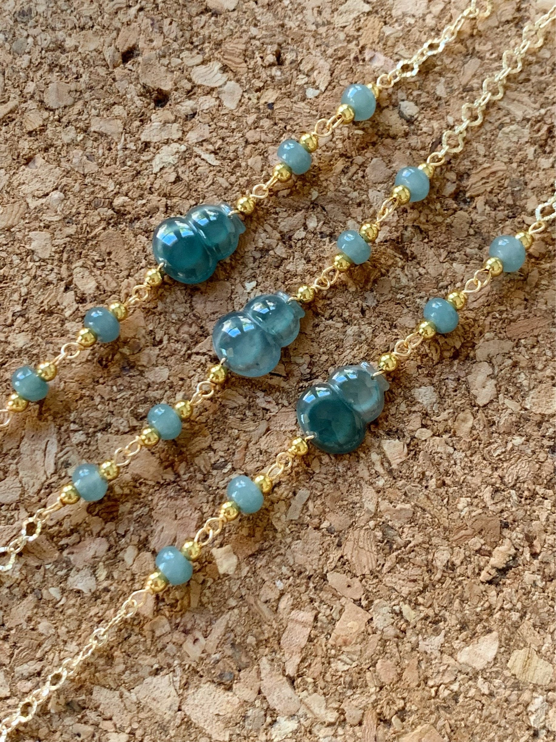Natural Guatemalan Icy Highly Translucent Teal Blue Jadeite Carved Hulu Gourd Bracelet 14K Gold Plated adjustable 7.25” 天然冰危蓝绿翡翠葫芦14K包金手链