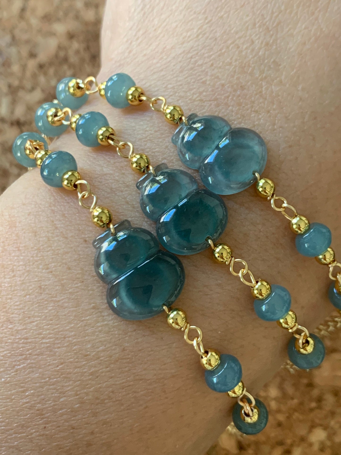 Natural Guatemalan Icy Highly Translucent Teal Blue Jadeite Carved Hulu Gourd Bracelet 14K Gold Plated adjustable 7.25” 天然冰危蓝绿翡翠葫芦14K包金手链