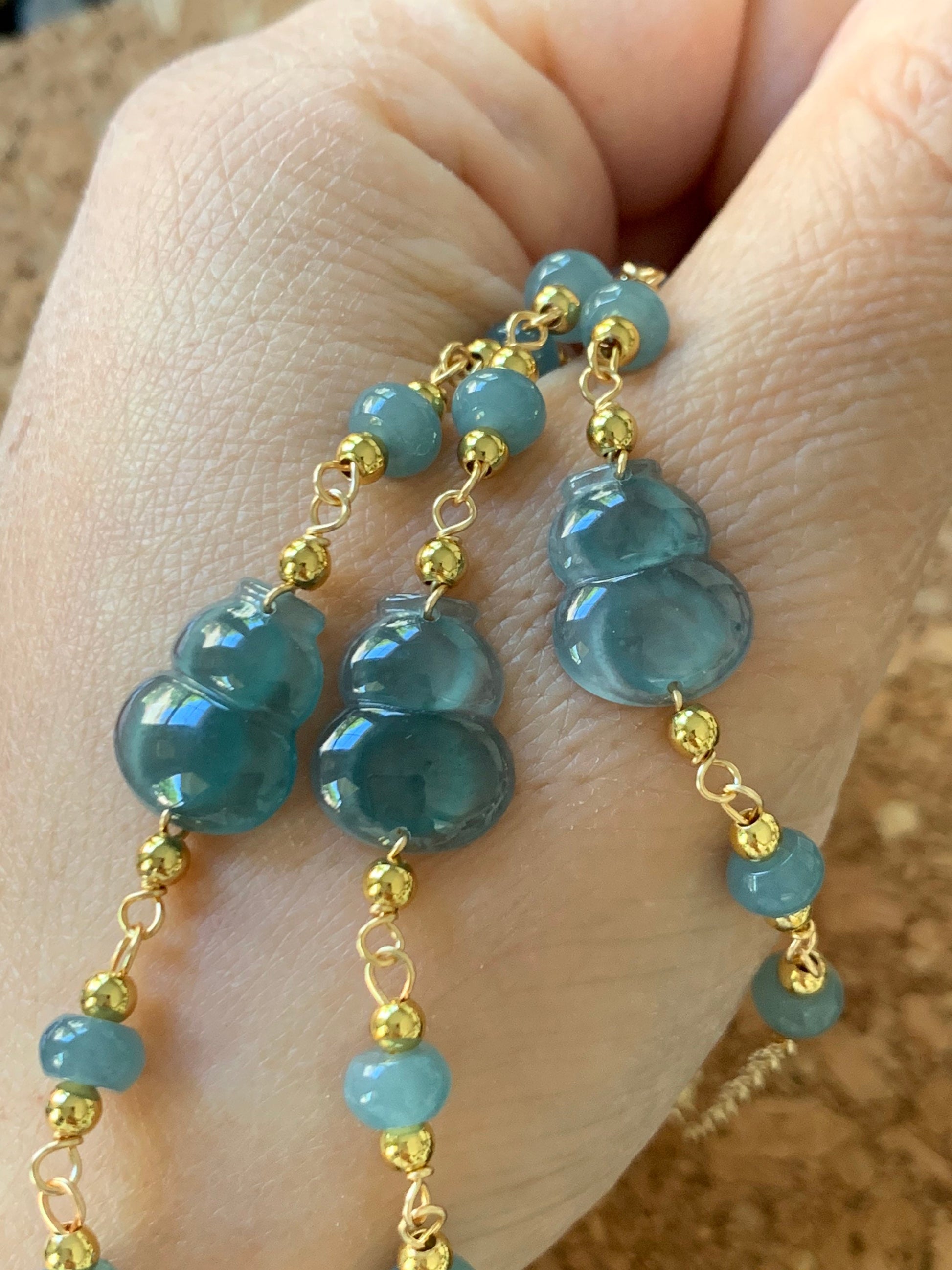 Natural Guatemalan Icy Highly Translucent Teal Blue Jadeite Carved Hulu Gourd Bracelet 14K Gold Plated adjustable 7.25” 天然冰危蓝绿翡翠葫芦14K包金手链