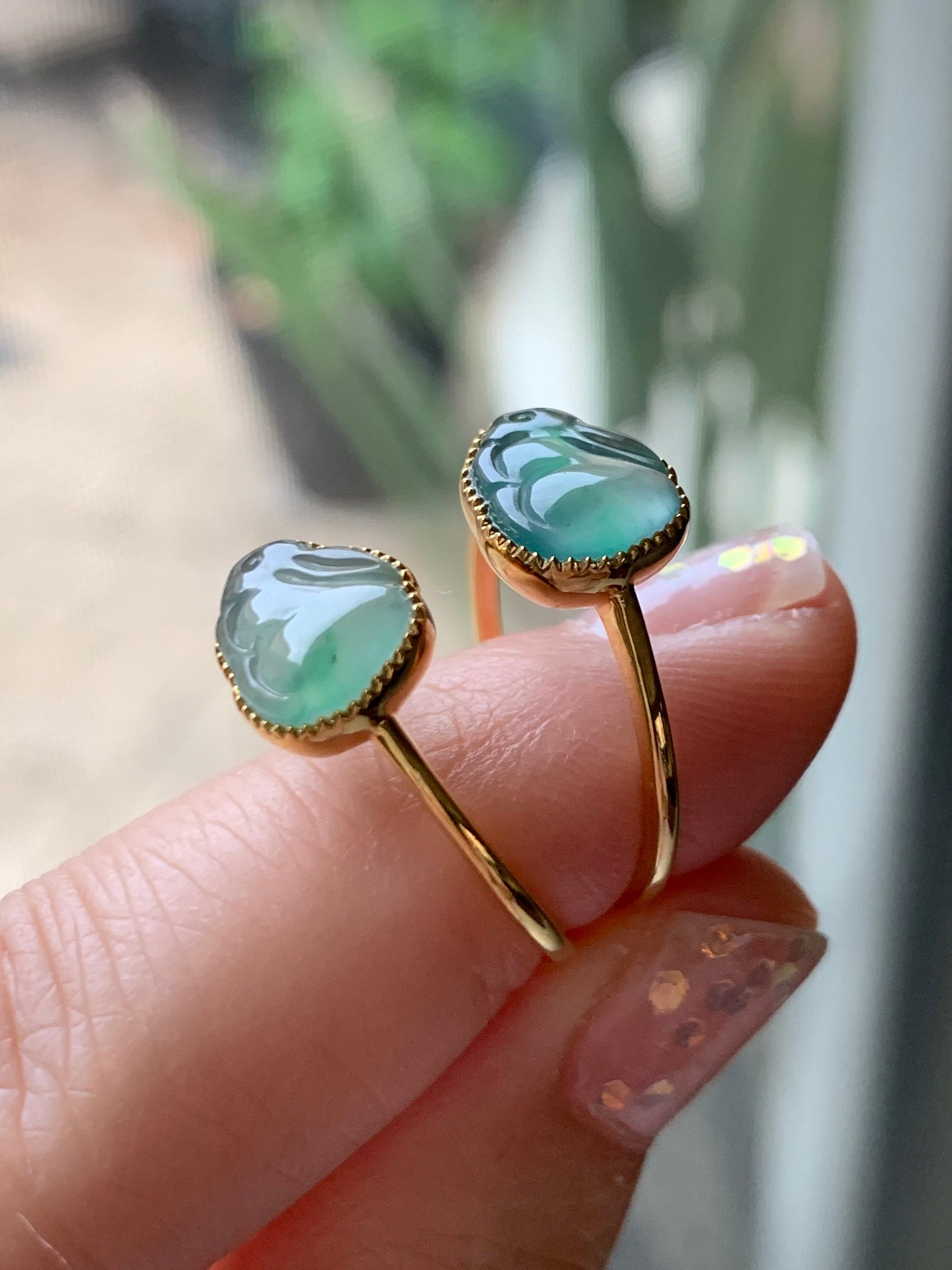Certified Natural Guatemalan Icy Highly Translucent Gelatinous Light Green Marbled Jadeite Rabbit Ring 18K Yellow Gold Sz 7 天然冰危晴底飘花翡翠小兔镶嵌戒指