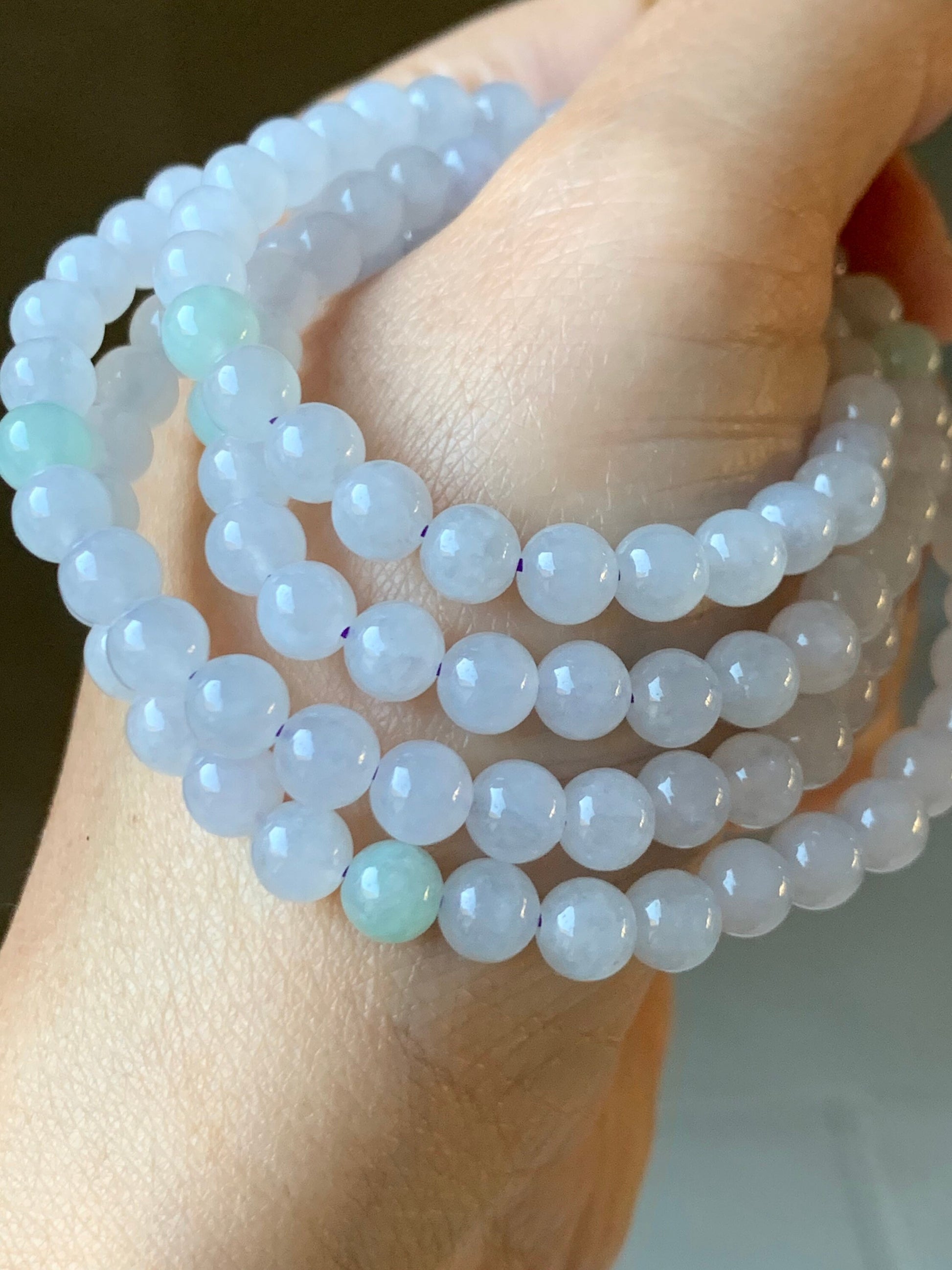 Natural Burmese Icy Translucent & Gelatinous White and Light Green Jadeite Beaded Necklace with Clasp 5.9mm 26" 天然缅甸白冰冰晴翡翠圆珠项链