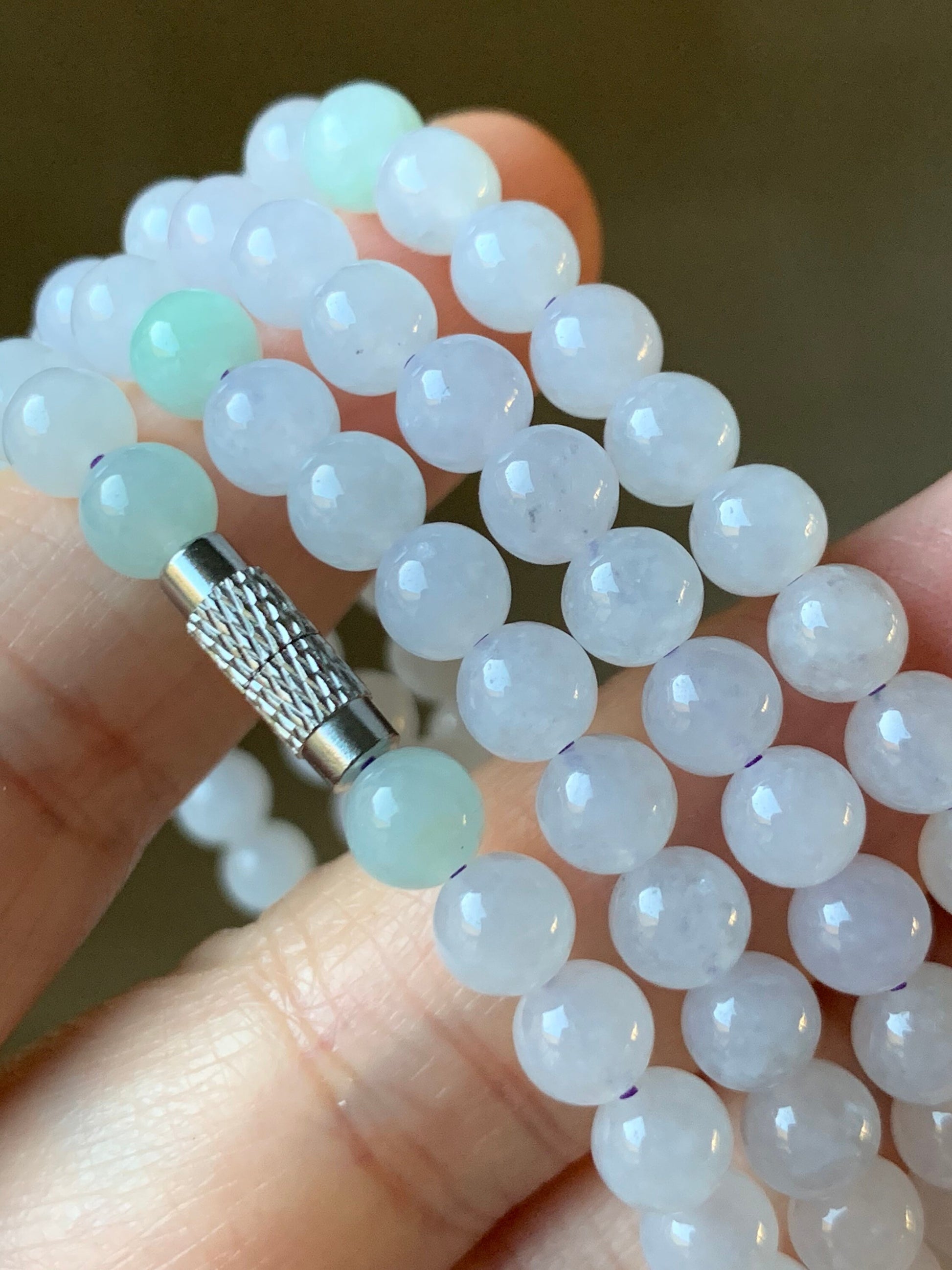 Natural Burmese Icy Translucent & Gelatinous White and Light Green Jadeite Beaded Necklace with Clasp 5.9mm 26" 天然缅甸白冰冰晴翡翠圆珠项链