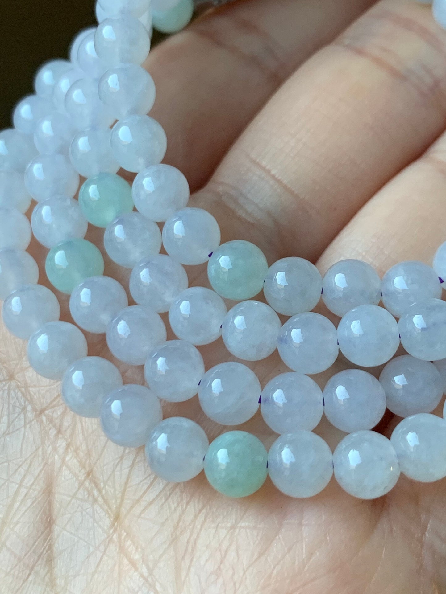 Natural Burmese Icy Translucent & Gelatinous White and Light Green Jadeite Beaded Necklace with Clasp 5.9mm 26" 天然缅甸白冰冰晴翡翠圆珠项链