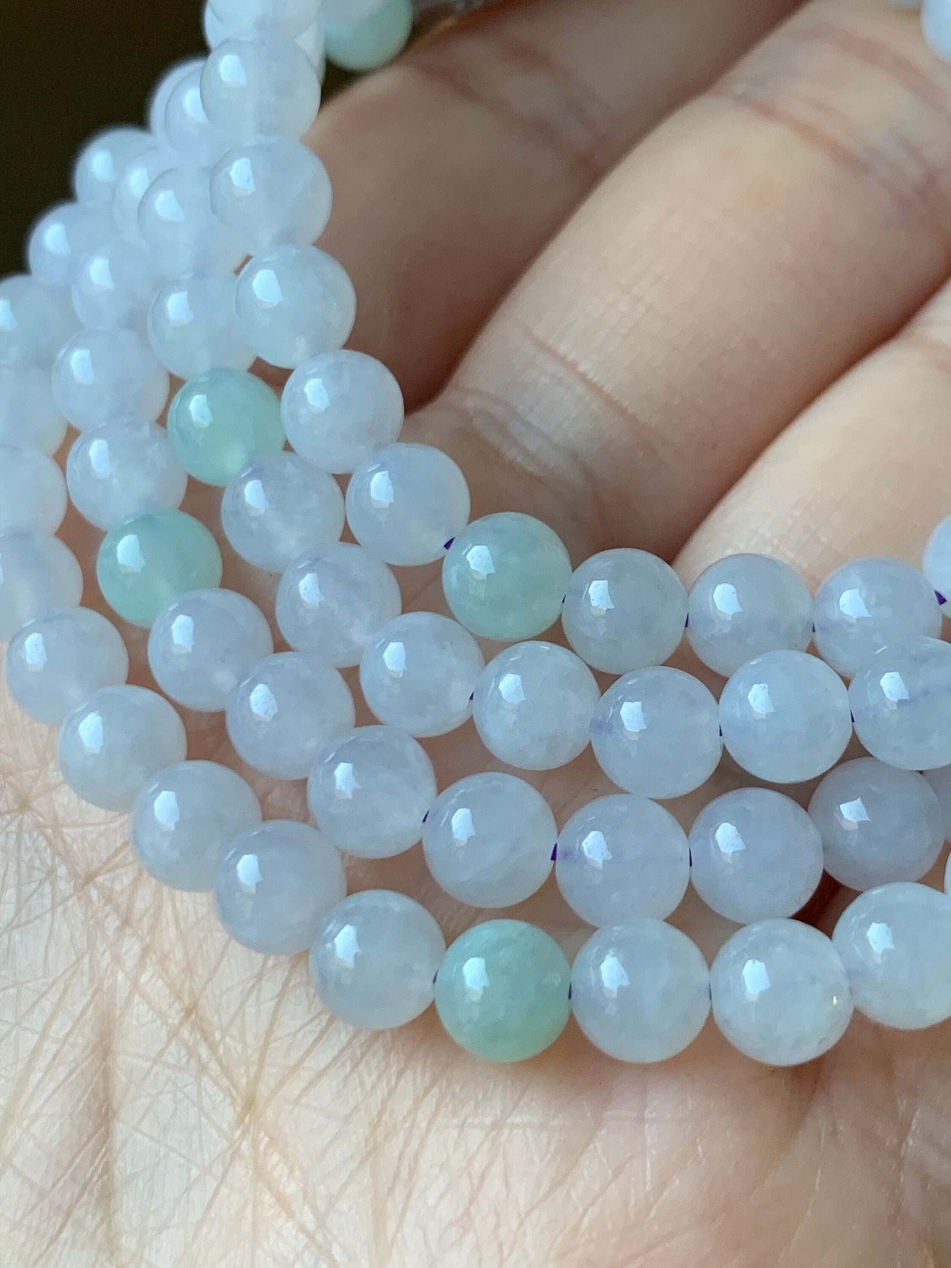 Natural Burmese Icy Translucent & Gelatinous White and Light Green Jadeite Beaded Necklace with Clasp 5.9mm 26" 天然缅甸白冰冰晴翡翠圆珠项链