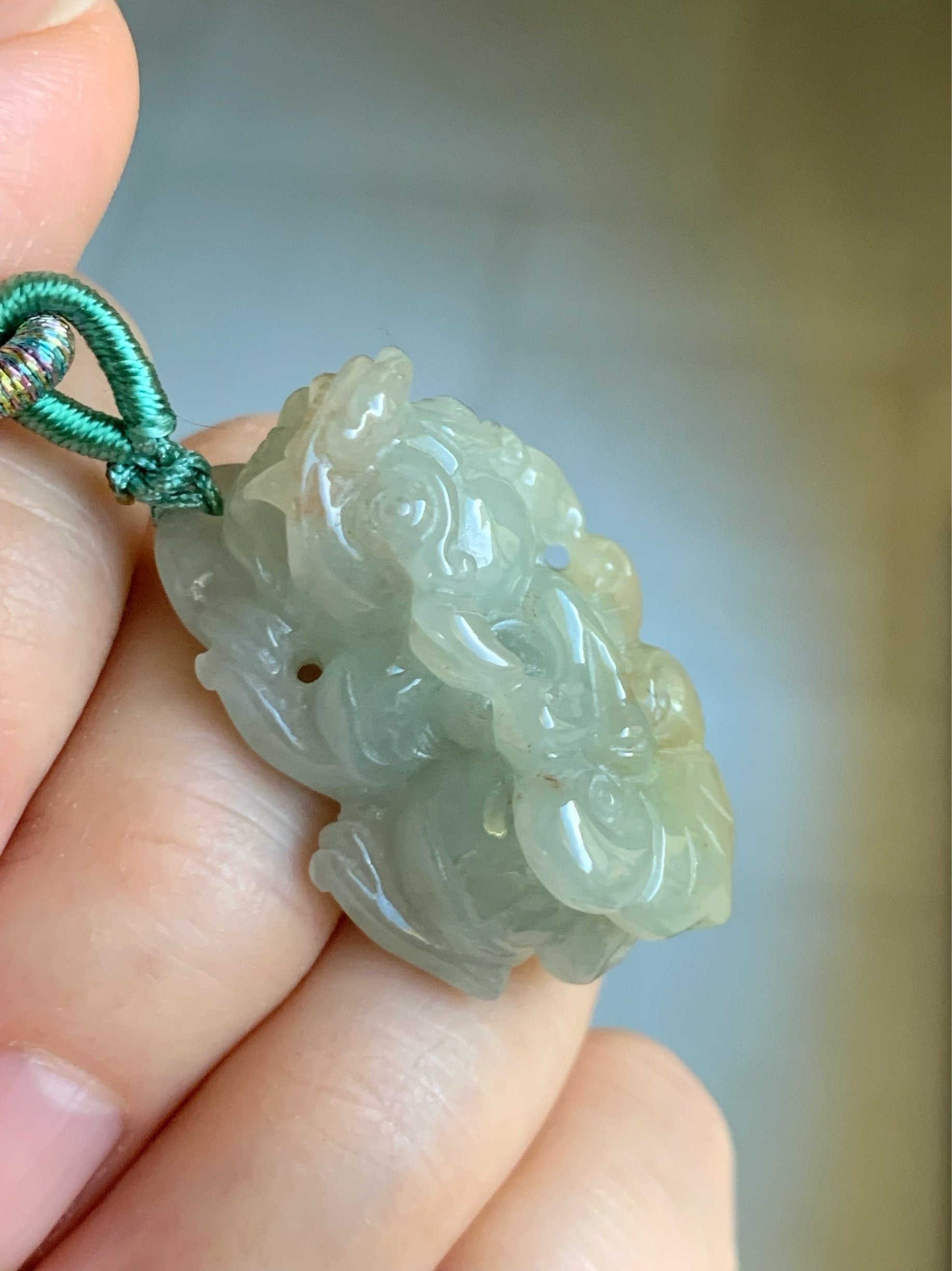 Large Natural Burmese Icy Translucent Light Green Golden Jadeite Male Pixiu Pendant Necklace 天然缅甸冰胶晴色翡翠带吧貔貅吊坠