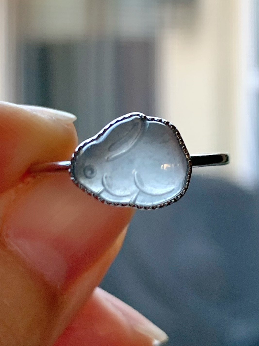 Certified Natural Guatemalan Highly Translucent Gelatinous Sky Blue Jadeite Bunny Rabbit Ring 18K White Gold Sz 7 天然冰危天空蓝翡翠小兔镶嵌戒指 1089