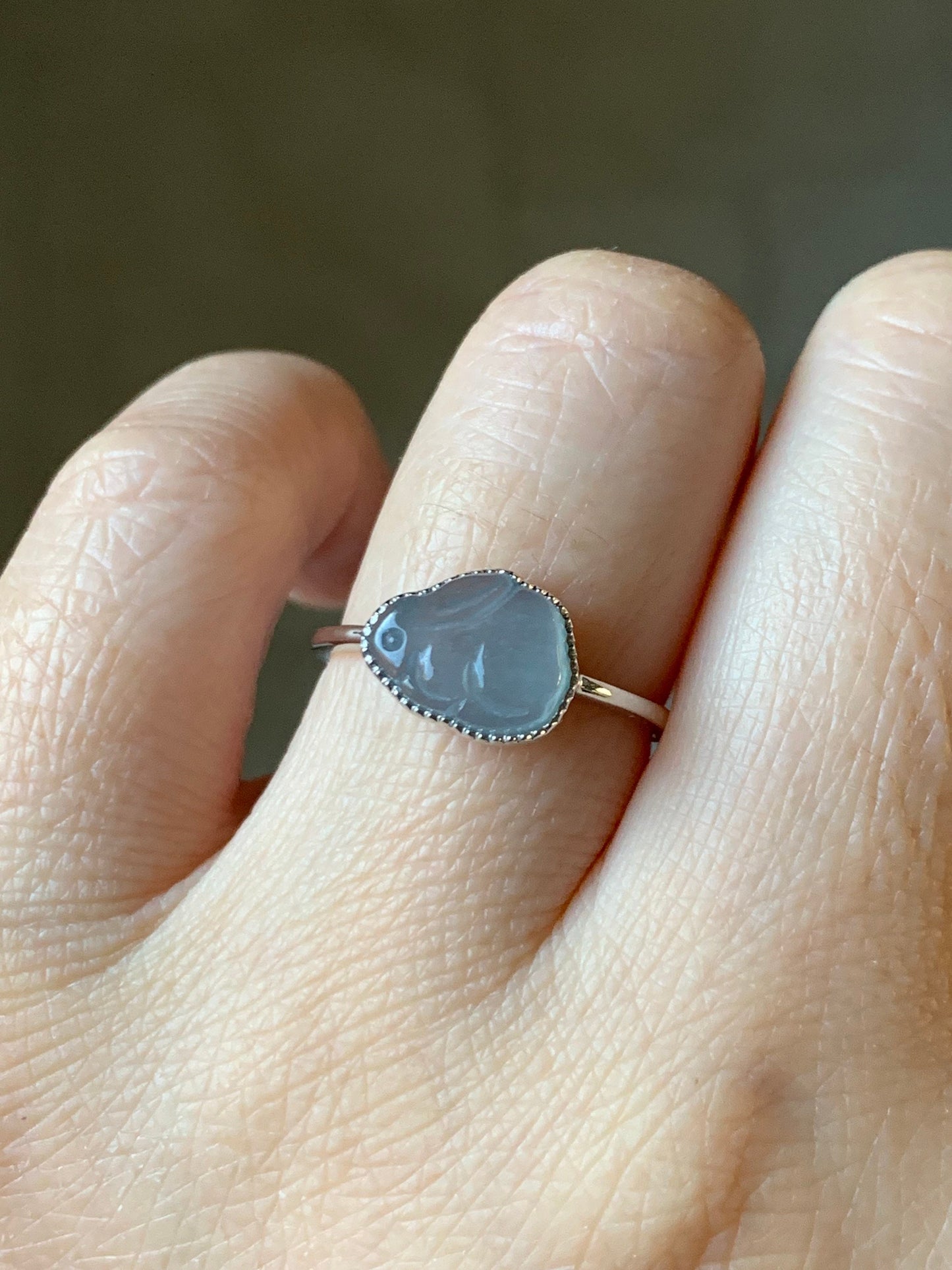 Certified Natural Guatemalan Highly Translucent Gelatinous Sky Blue Jadeite Bunny Rabbit Ring 18K White Gold Sz 7 天然冰危天空蓝翡翠小兔镶嵌戒指 1089