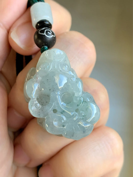 Large Natural Burmese premium Icy with Green Marbling Jadeite Male Pixiu Pendant 冰胶飘海草绿花带吧貔貅配件