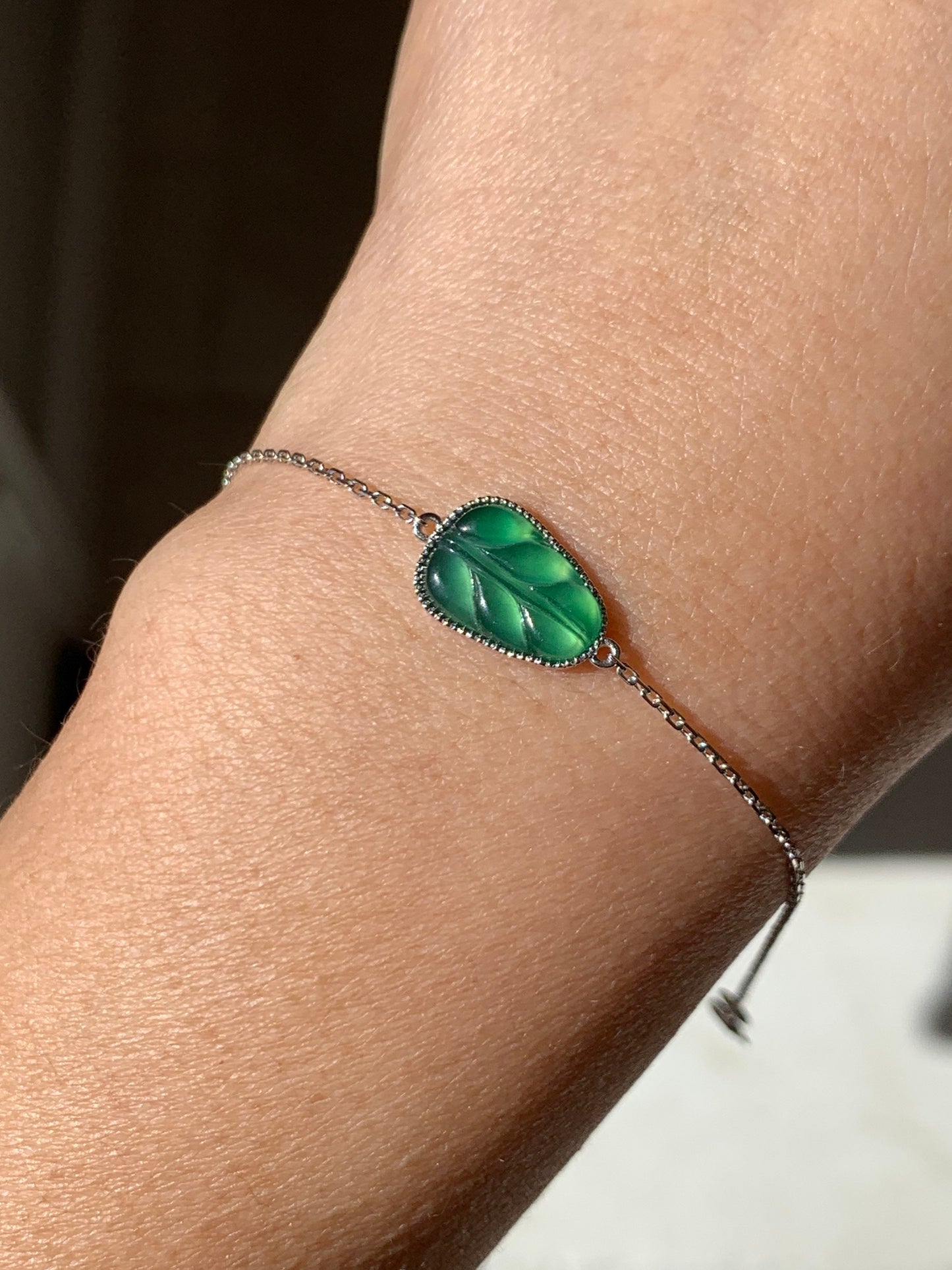 Certified Natural Guatemalan Premium Dark Green Jadeite Carved Leaf Bracelet 18K White Gold Adjustable 6-6.75” 天然冰危绿翡翠叶子镶嵌手链
