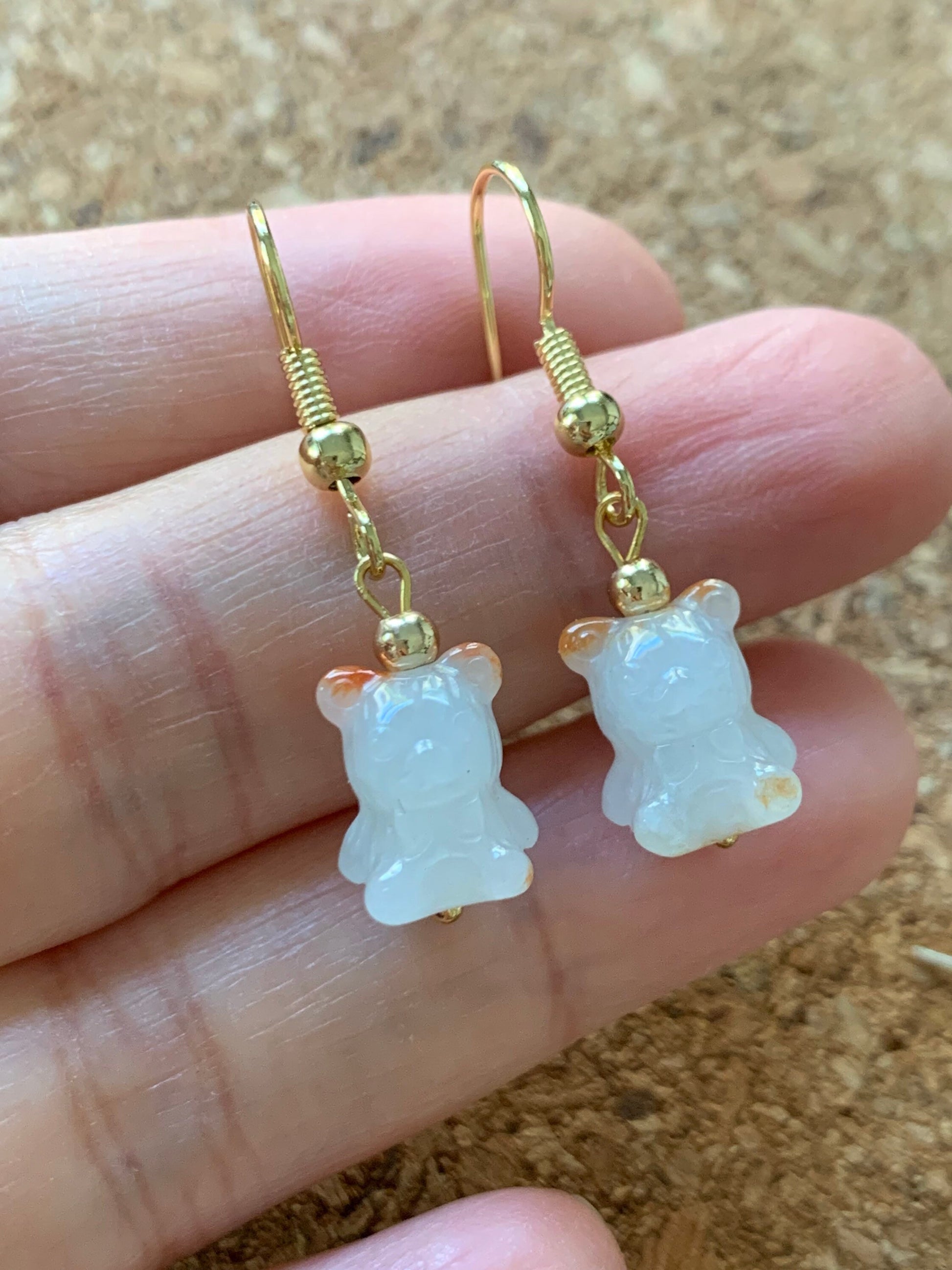 Natural Burmese Icy Jadeite Carved Teddy Bear Dangle Earrings 14K YG or Silver Plated 天然缅甸翡翠小熊14K包金耳吊