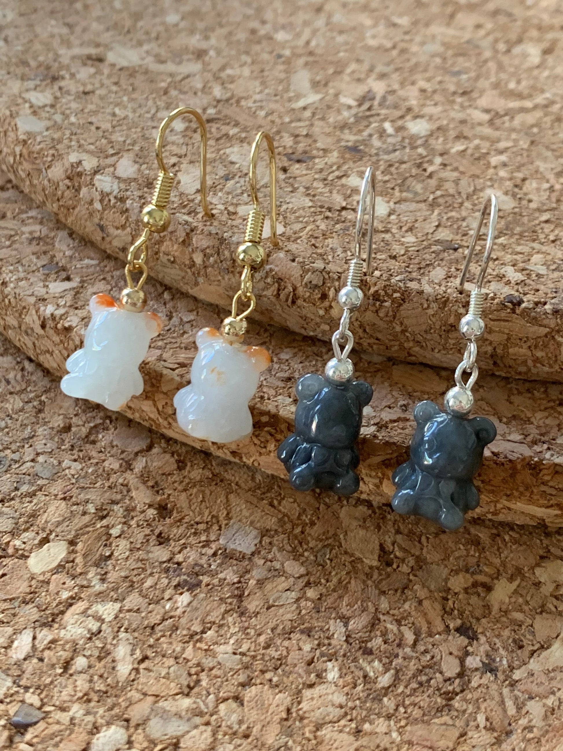 Natural Burmese Icy Jadeite Carved Teddy Bear Dangle Earrings 14K YG or Silver Plated 天然缅甸翡翠小熊14K包金耳吊