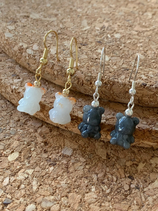 Natural Burmese Icy Jadeite Carved Teddy Bear Dangle Earrings 14K YG or Silver Plated 天然缅甸翡翠小熊14K包金耳吊