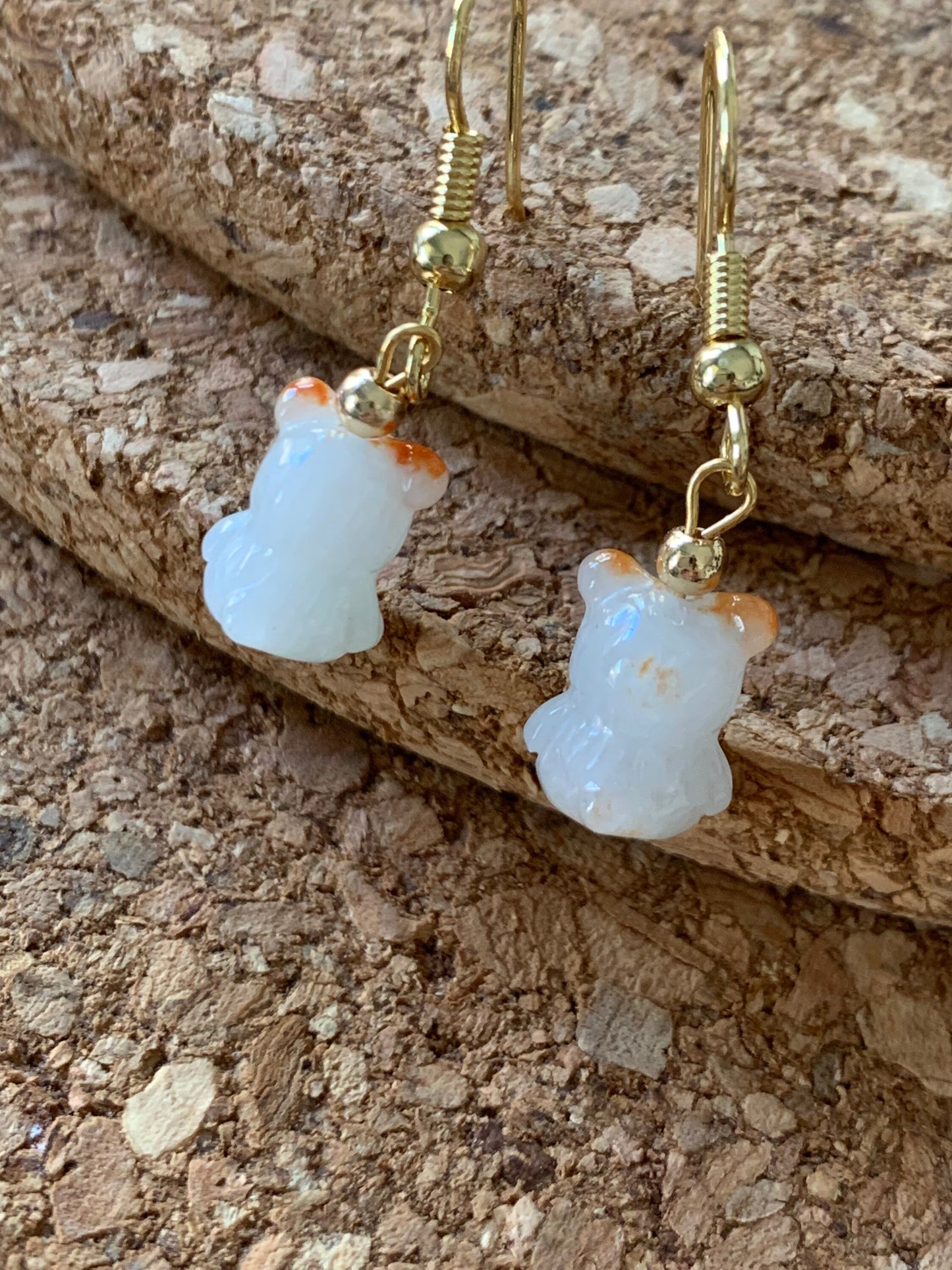 Natural Burmese Icy Jadeite Carved Teddy Bear Dangle Earrings 14K YG or Silver Plated 天然缅甸翡翠小熊14K包金耳吊