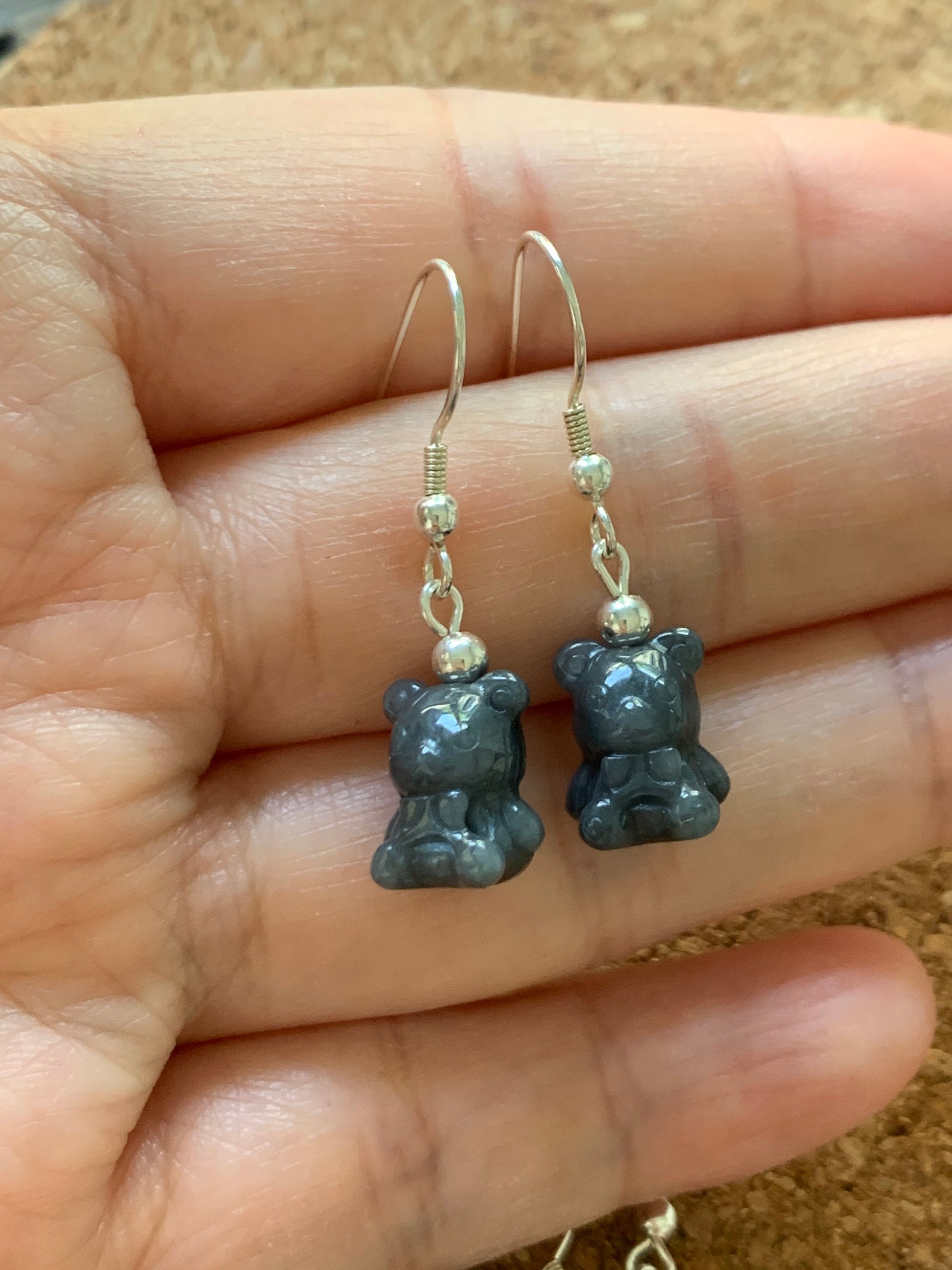 Natural Burmese Icy Jadeite Carved Teddy Bear Dangle Earrings 14K YG or Silver Plated 天然缅甸翡翠小熊14K包金耳吊