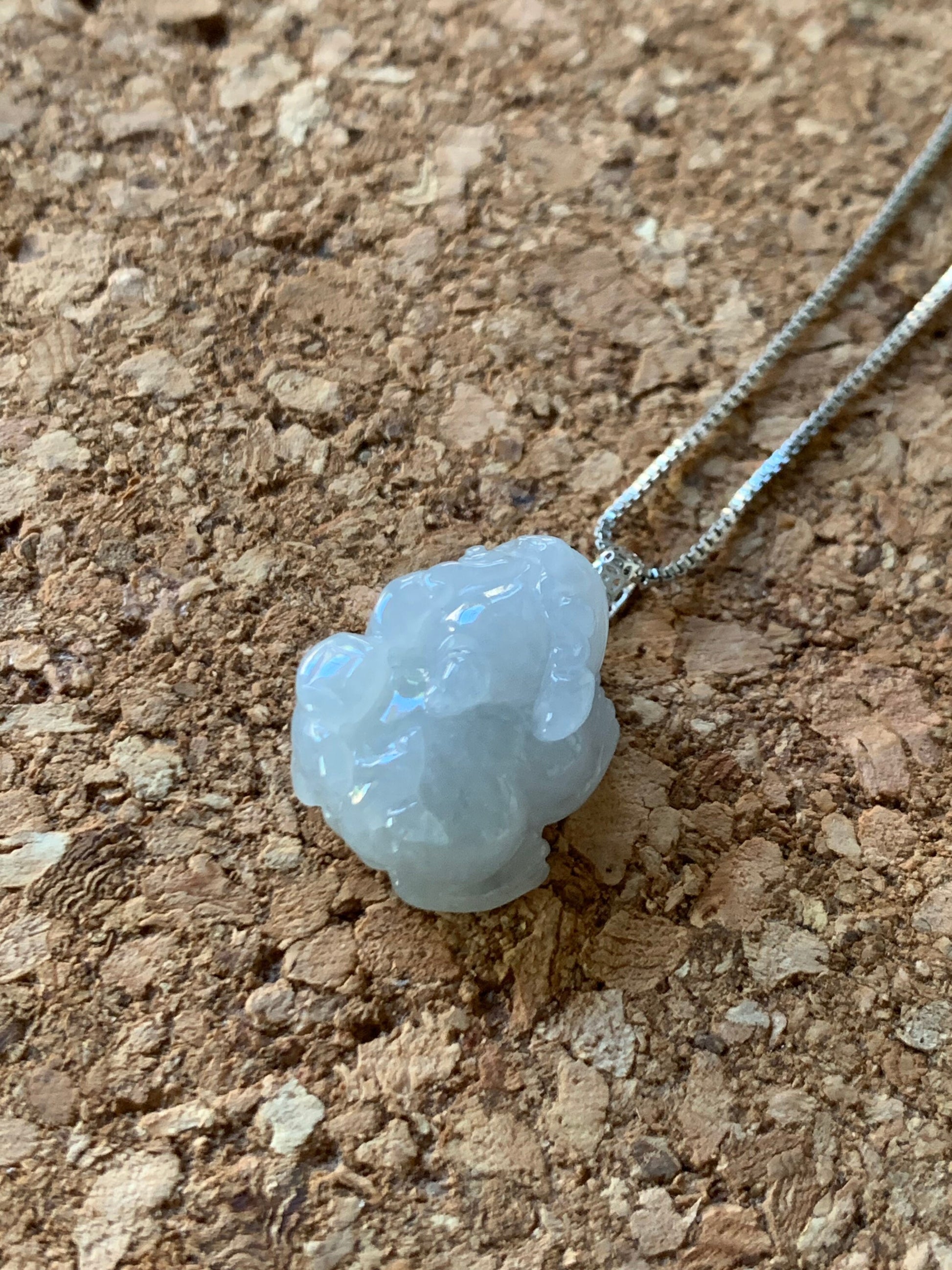 Natural Burmese Icy Translucent & Gelatinous Light Dusty Blue Jadeite Male Pixiu Pendant w/ 18K White Gold Bail 天然缅甸冰胶淡蓝底翡翠带吧貔貅吊坠