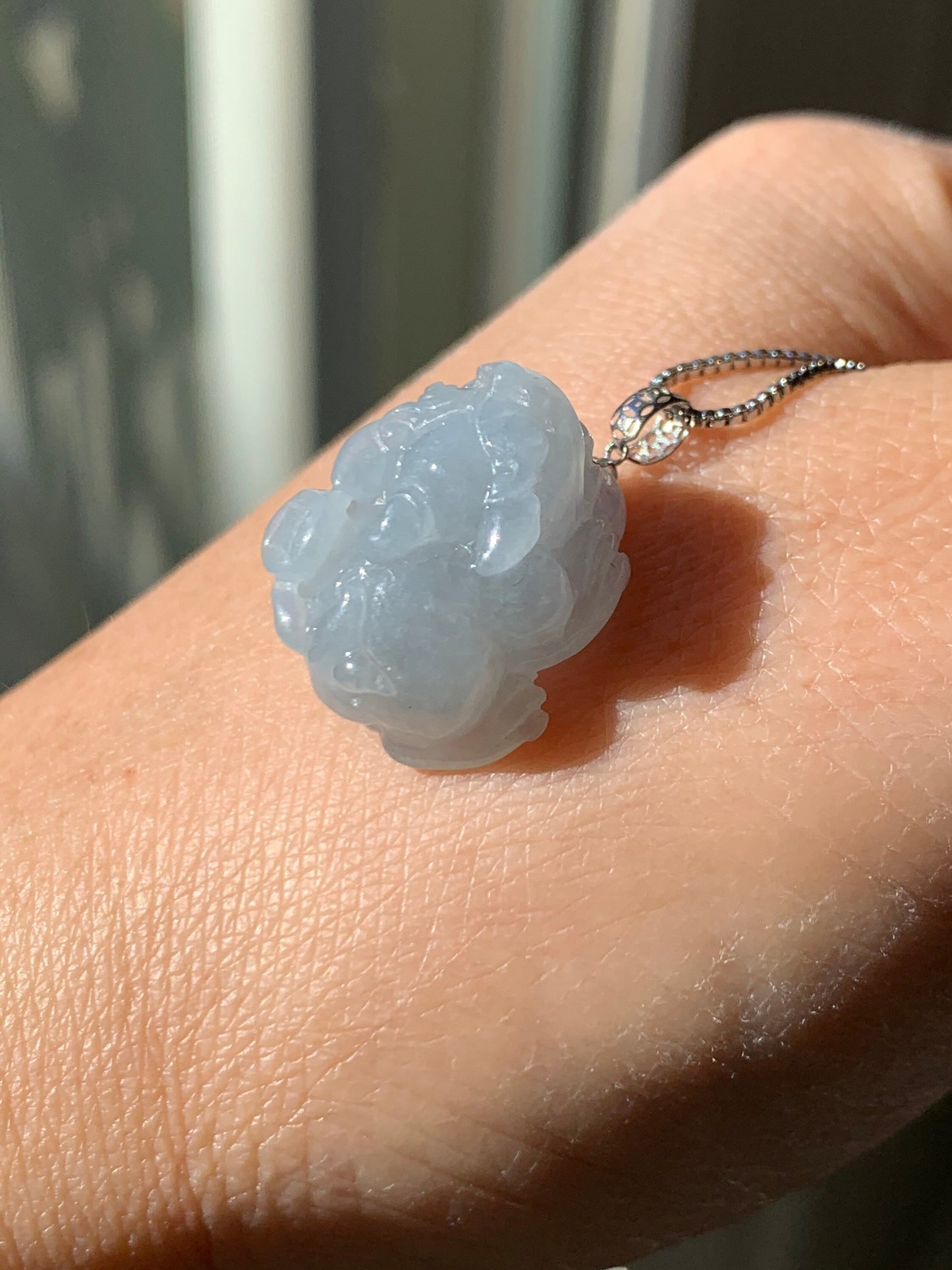 Natural Burmese Icy Translucent & Gelatinous Light Dusty Blue Jadeite Male Pixiu Pendant w/ 18K White Gold Bail 天然缅甸冰胶淡蓝底翡翠带吧貔貅吊坠
