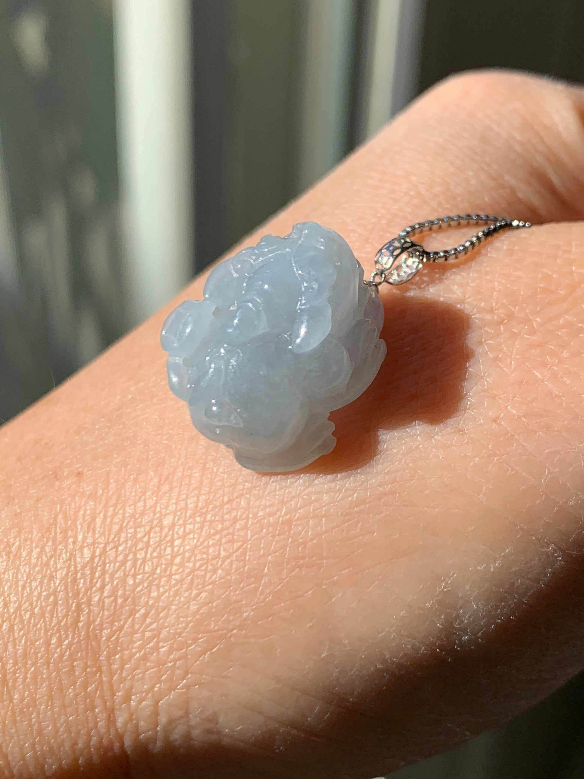 Natural Burmese Icy Translucent & Gelatinous Light Dusty Blue Jadeite Male Pixiu Pendant w/ 18K White Gold Bail 天然缅甸冰胶淡蓝底翡翠带吧貔貅吊坠