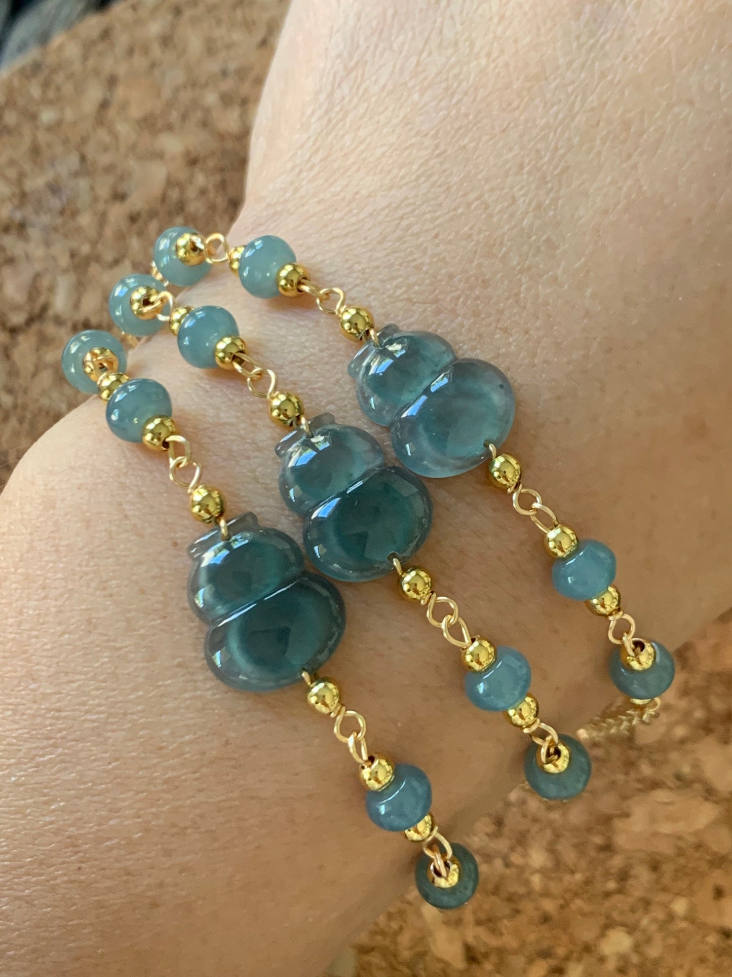 Natural Guatemalan Icy Highly Translucent Teal Blue Jadeite Carved Hulu Gourd Bracelet 14K Gold Plated adjustable 7.25” 天然冰危蓝绿翡翠葫芦14K包金手链