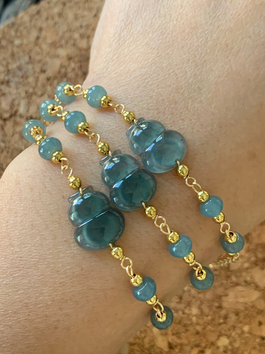 Natural Guatemalan Icy Highly Translucent Teal Blue Jadeite Carved Hulu Gourd Bracelet 14K Gold Plated adjustable 7.25” 天然冰危蓝绿翡翠葫芦14K包金手链