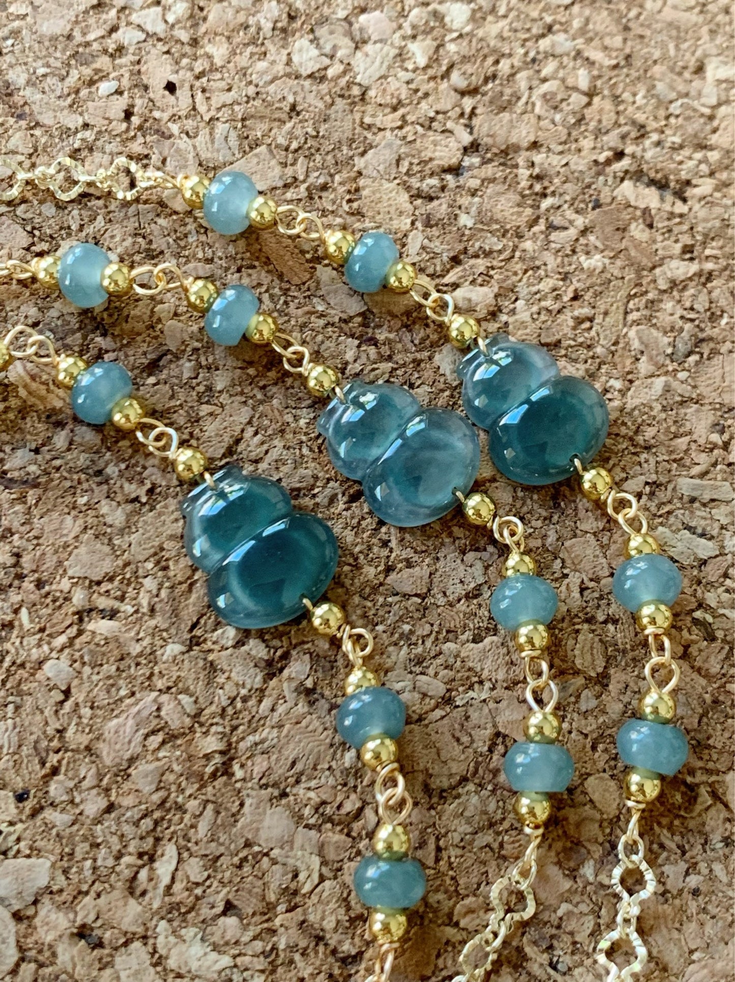 Natural Guatemalan Icy Highly Translucent Teal Blue Jadeite Carved Hulu Gourd Bracelet 14K Gold Plated adjustable 7.25” 天然冰危蓝绿翡翠葫芦14K包金手链