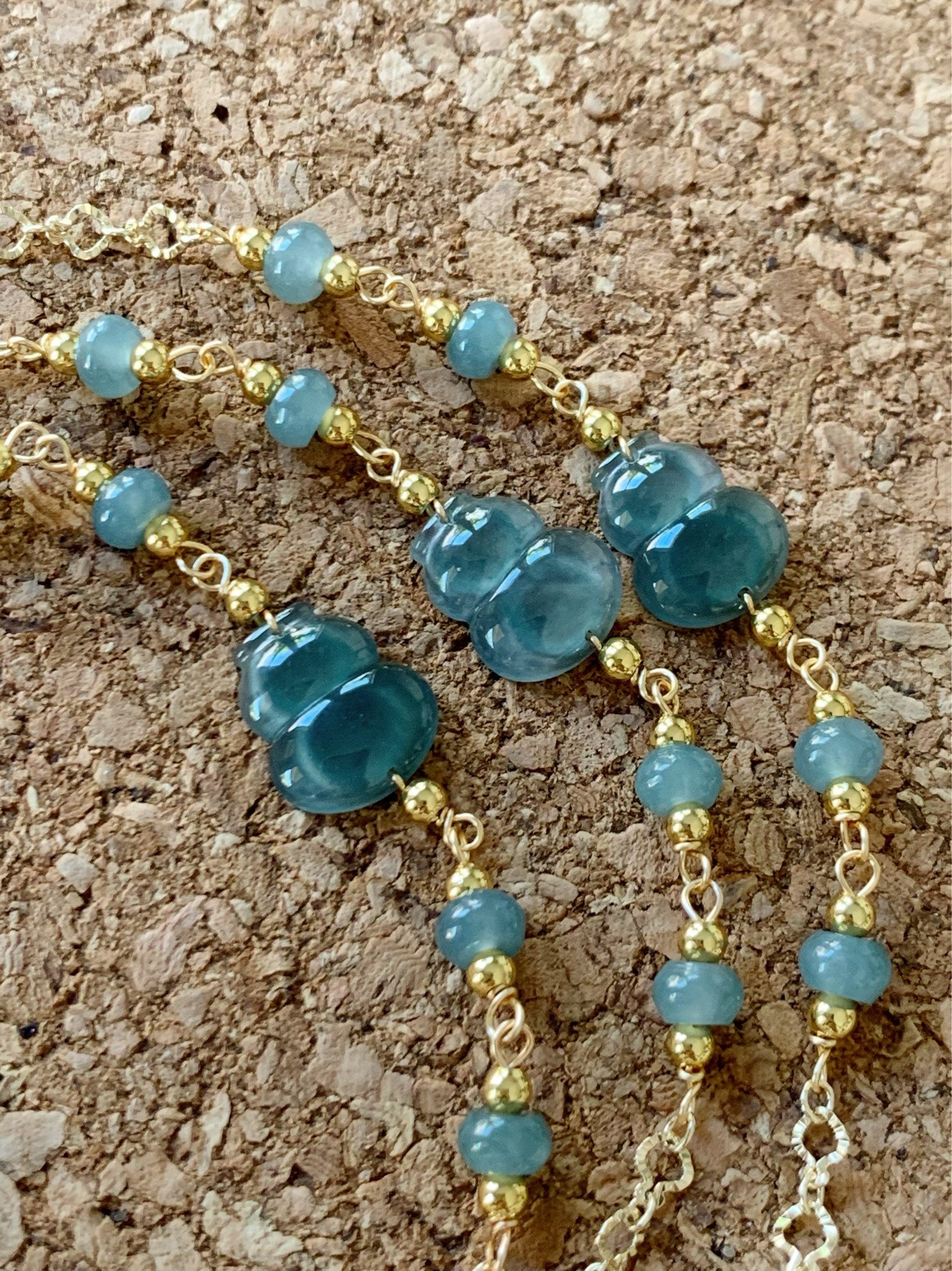 Natural Guatemalan Icy Highly Translucent Teal Blue Jadeite Carved Hulu Gourd Bracelet 14K Gold Plated adjustable 7.25” 天然冰危蓝绿翡翠葫芦14K包金手链