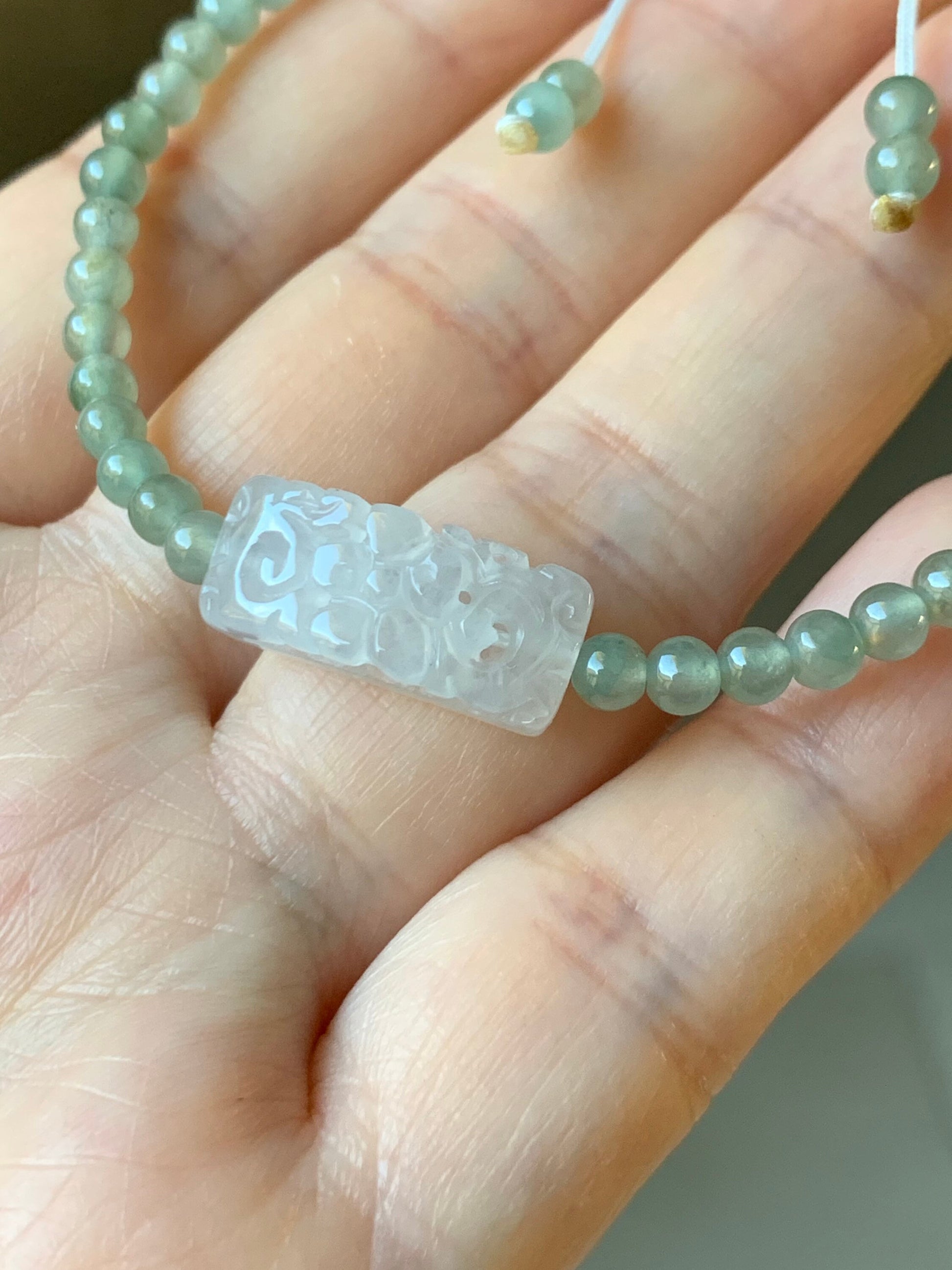 Natural Burmese Grade A Premium Icy Green Jadeite Openwork Engraving Icy White Bead Beaded Bracelet 7" 天然缅甸冰胶晴底翡翠起光白冰仿古镂空雕手牌手串
