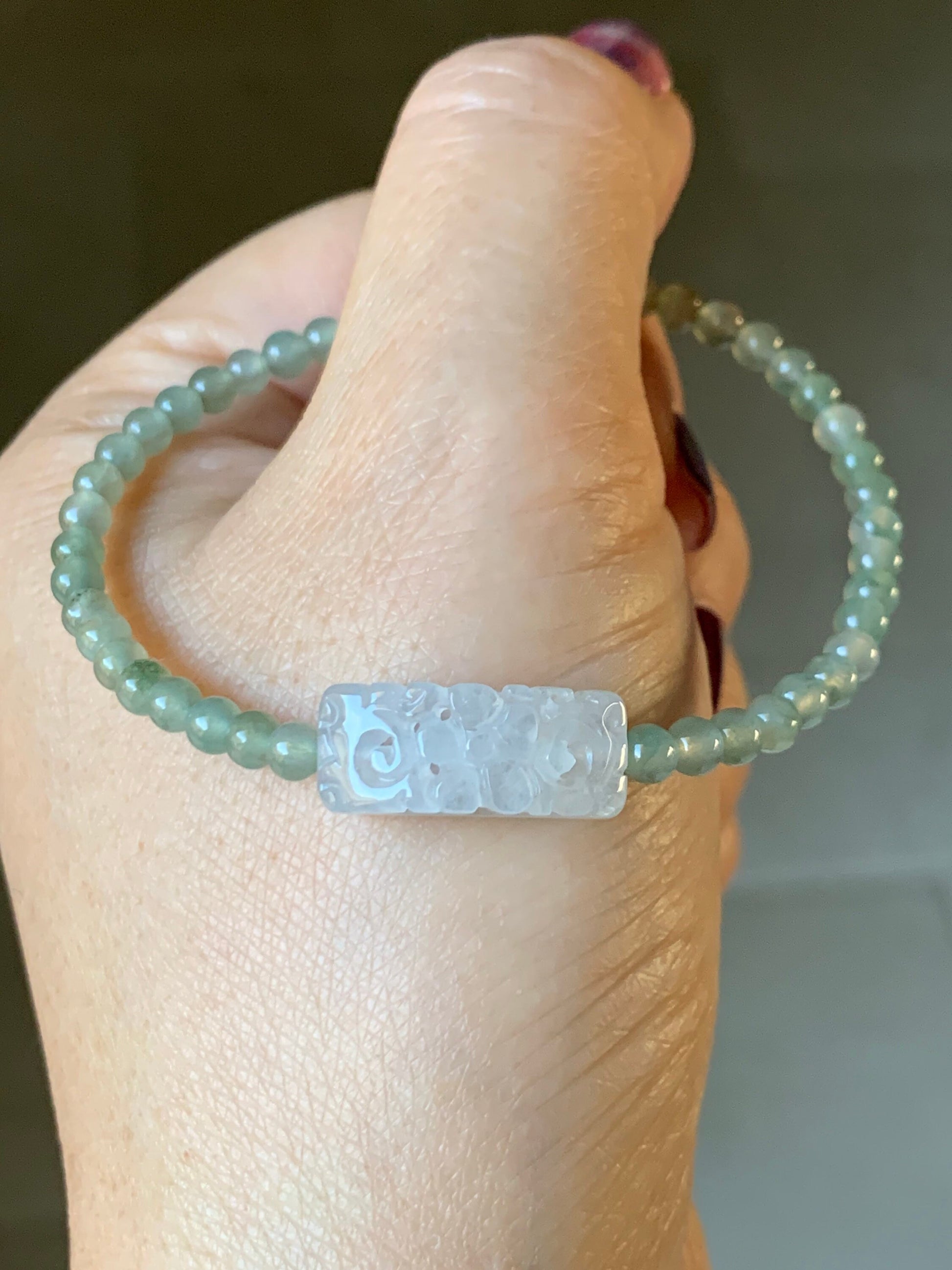 Natural Burmese Grade A Premium Icy Green Jadeite Openwork Engraving Icy White Bead Beaded Bracelet 7" 天然缅甸冰胶晴底翡翠起光白冰仿古镂空雕手牌手串