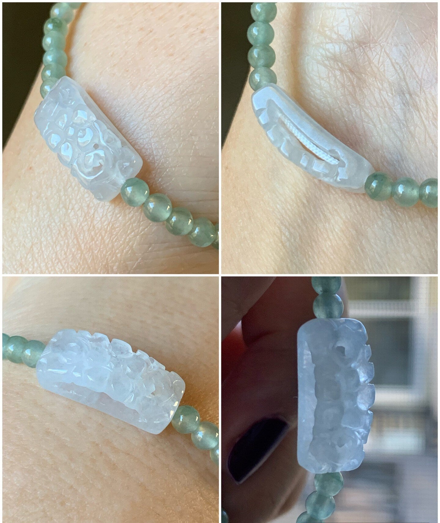 Natural Burmese Grade A Premium Icy Green Jadeite Openwork Engraving Icy White Bead Beaded Bracelet 7" 天然缅甸冰胶晴底翡翠起光白冰仿古镂空雕手牌手串