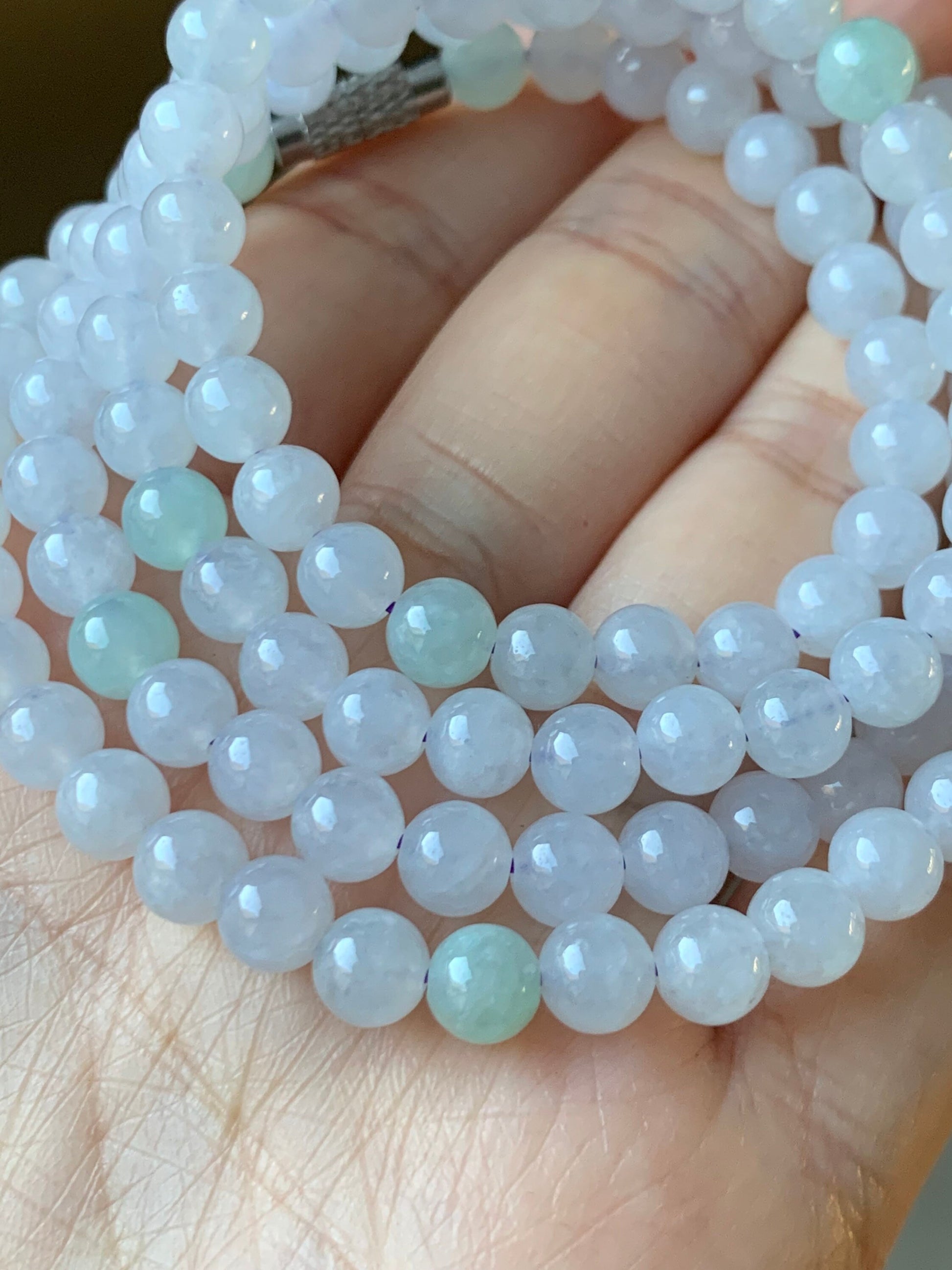 Natural Burmese Icy Translucent & Gelatinous White and Light Green Jadeite Beaded Necklace with Clasp 5.9mm 26" 天然缅甸白冰冰晴翡翠圆珠项链