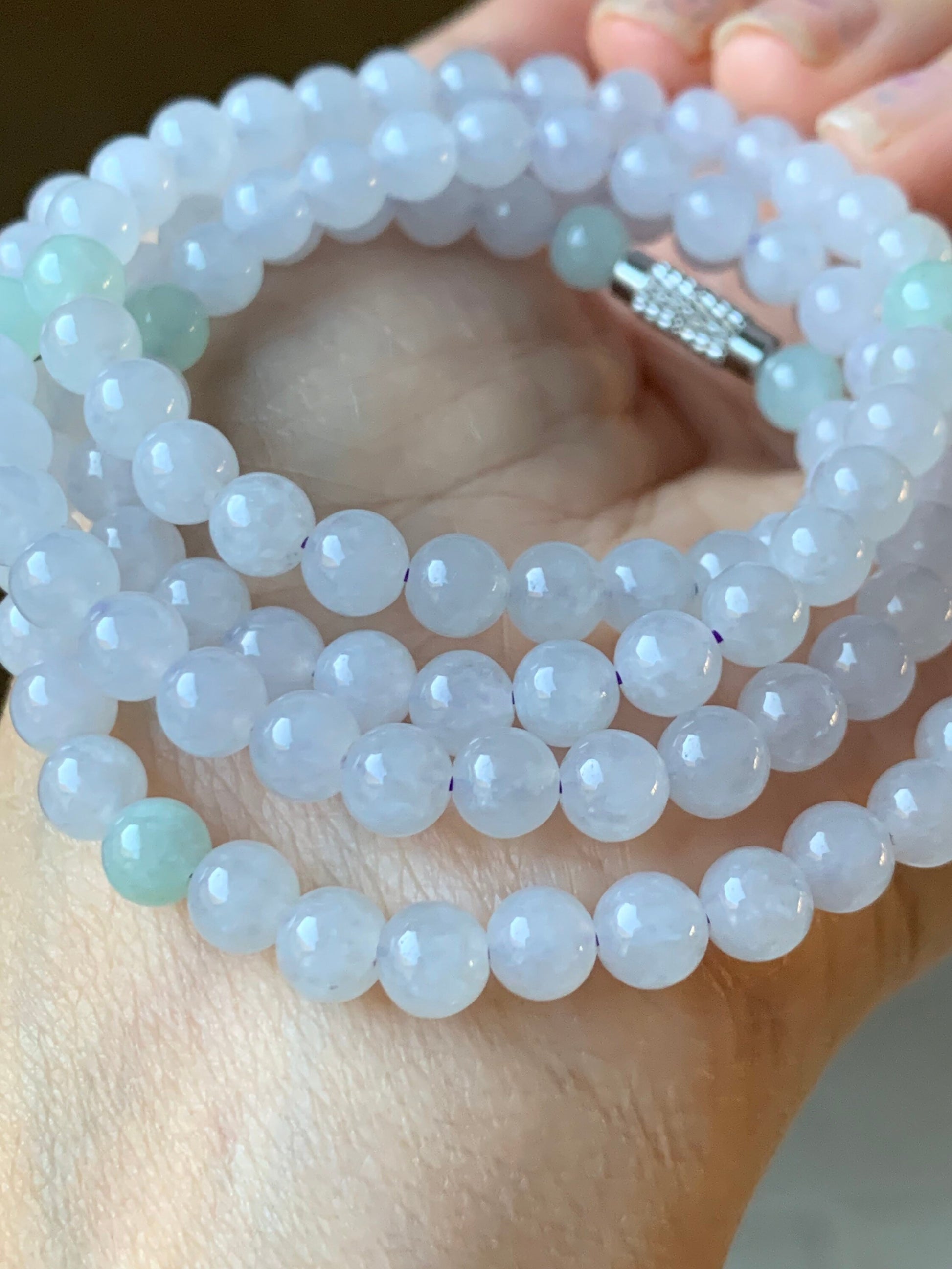 Natural Burmese Icy Translucent & Gelatinous White and Light Green Jadeite Beaded Necklace with Clasp 5.9mm 26" 天然缅甸白冰冰晴翡翠圆珠项链