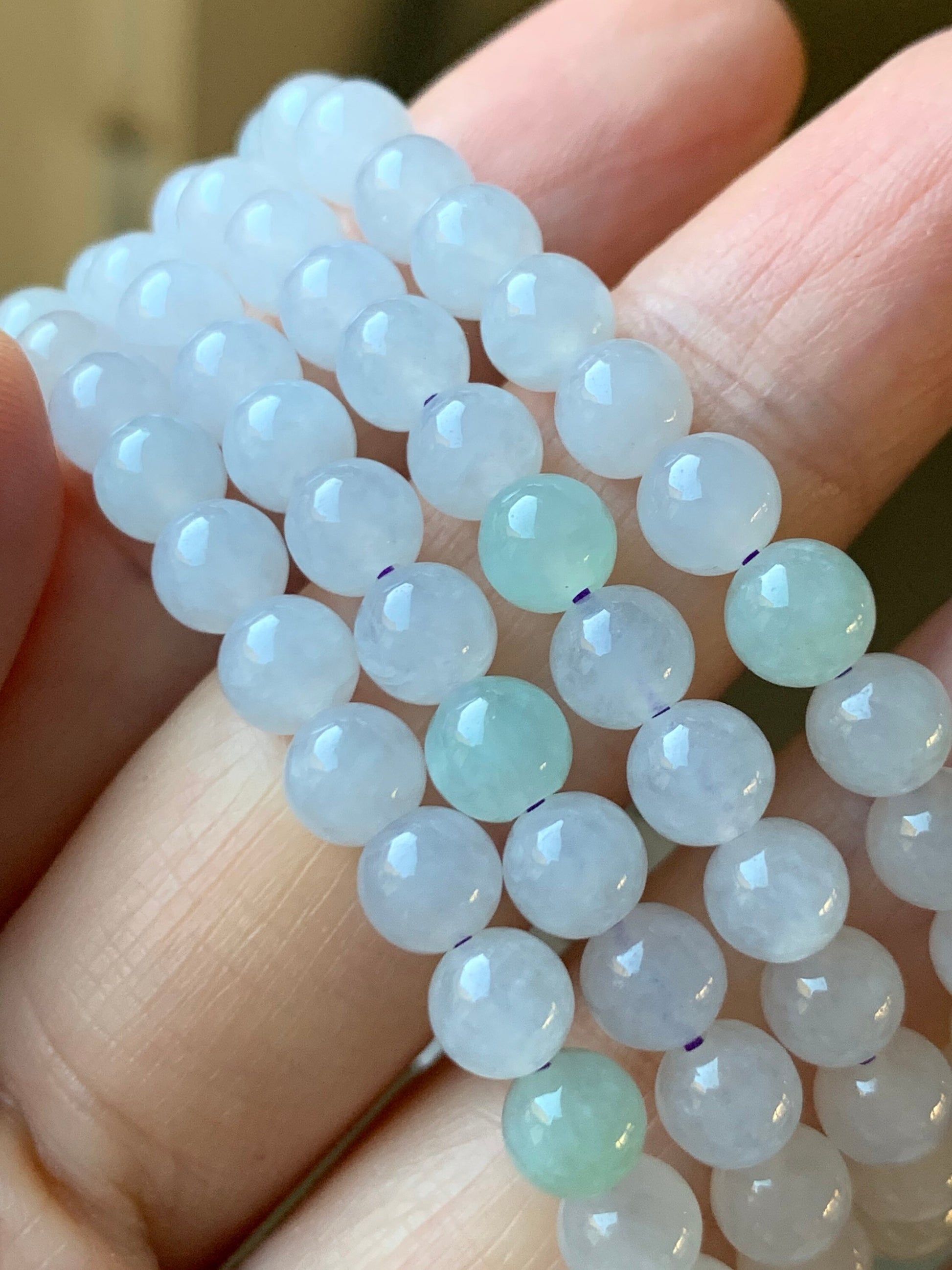 Natural Burmese Icy Translucent & Gelatinous White and Light Green Jadeite Beaded Necklace with Clasp 5.9mm 26" 天然缅甸白冰冰晴翡翠圆珠项链
