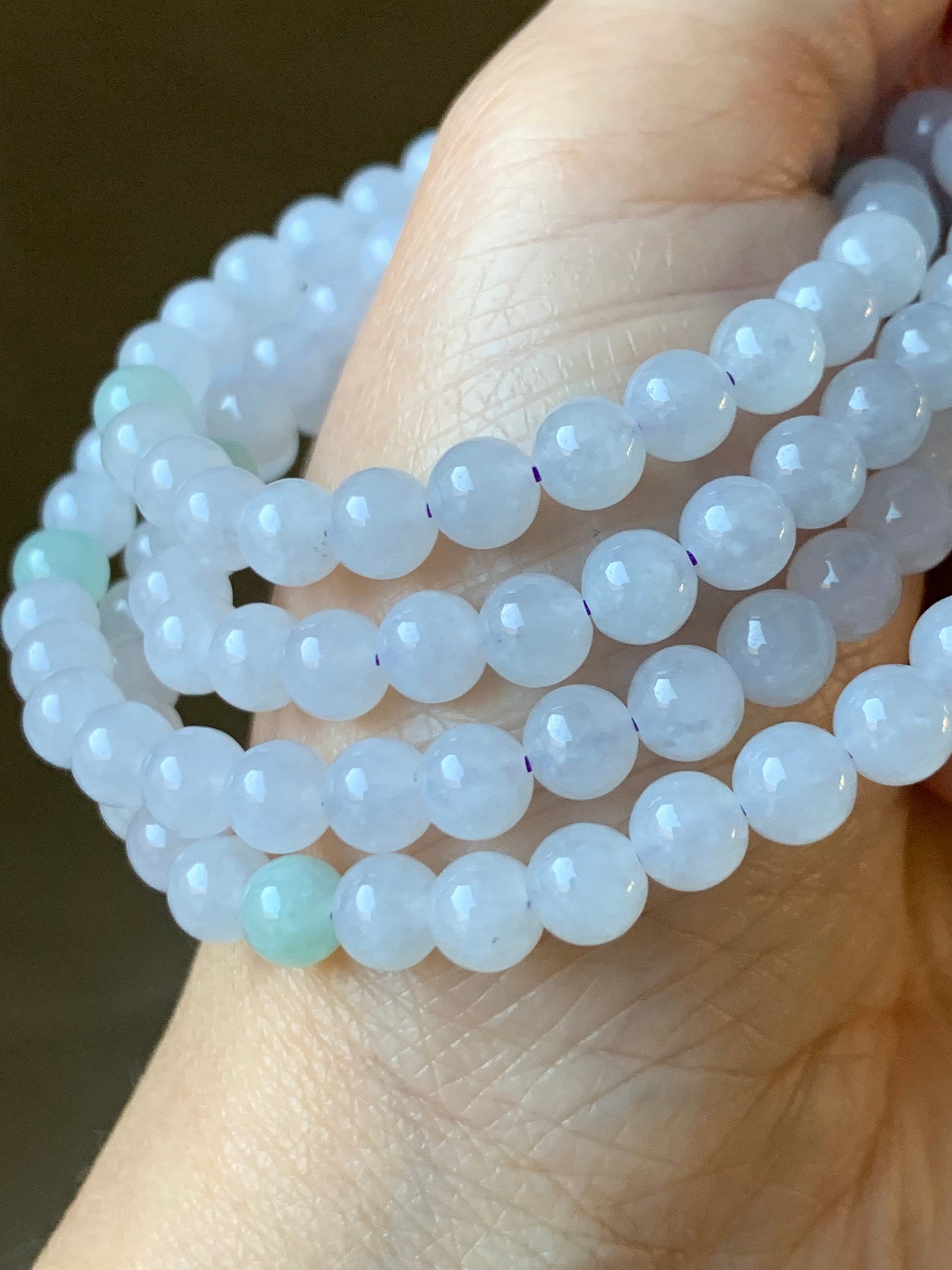 Natural Burmese Icy Translucent & Gelatinous White and Light Green Jadeite Beaded Necklace with Clasp 5.9mm 26" 天然缅甸白冰冰晴翡翠圆珠项链