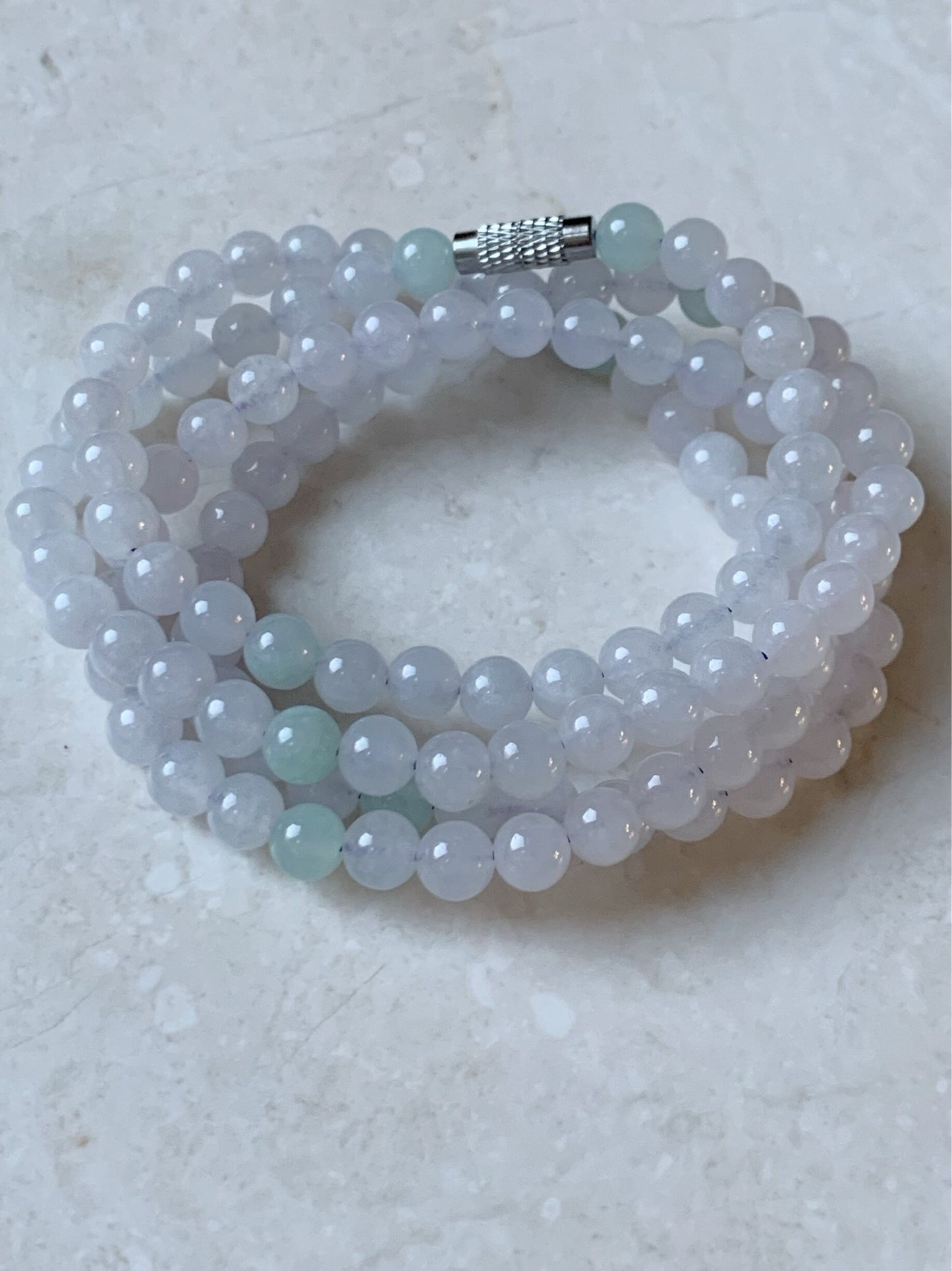 Natural Burmese Icy Translucent & Gelatinous White and Light Green Jadeite Beaded Necklace with Clasp 5.9mm 26" 天然缅甸白冰冰晴翡翠圆珠项链
