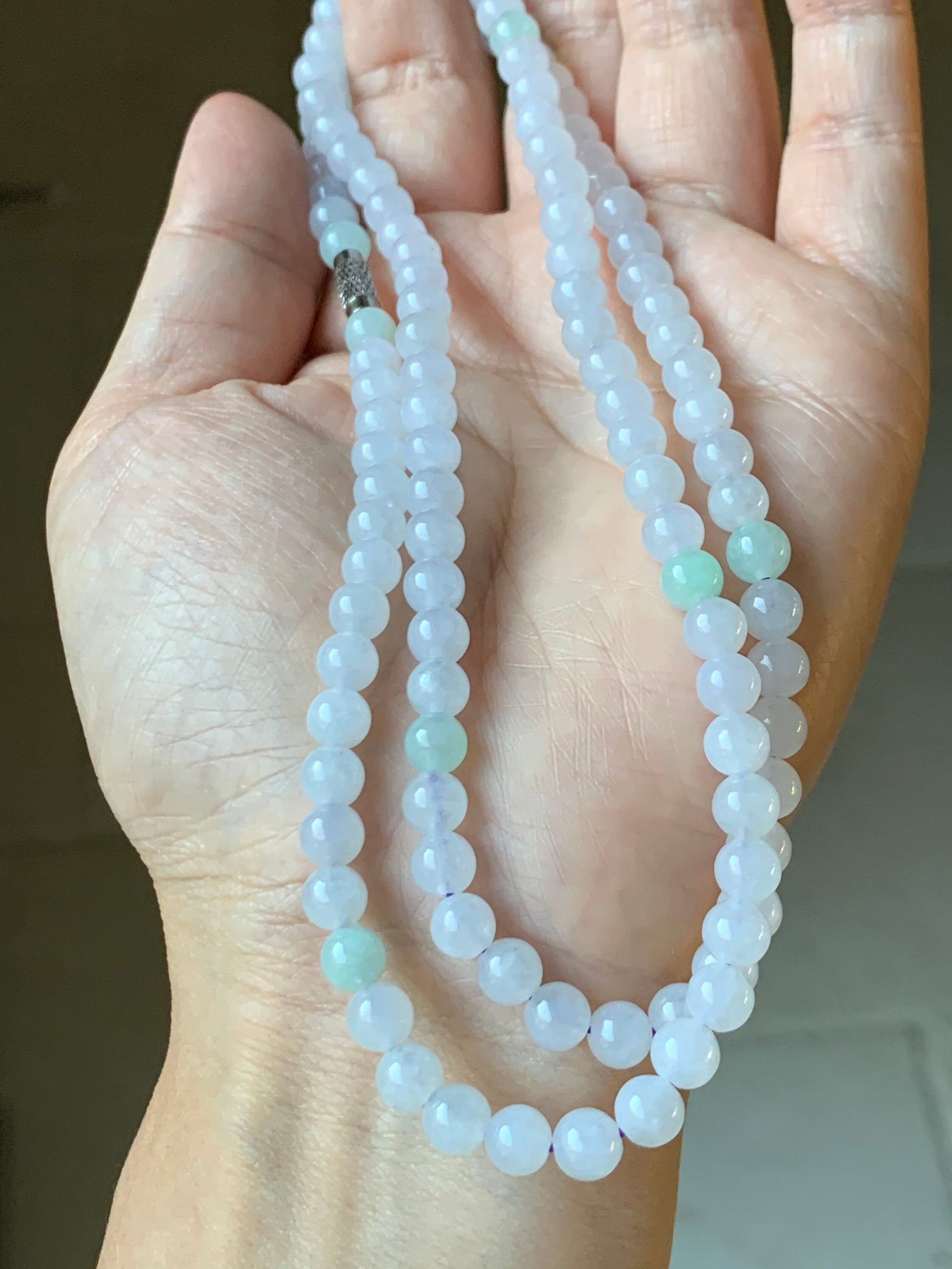 Natural Burmese Icy Translucent & Gelatinous White and Light Green Jadeite Beaded Necklace with Clasp 5.9mm 26" 天然缅甸白冰冰晴翡翠圆珠项链