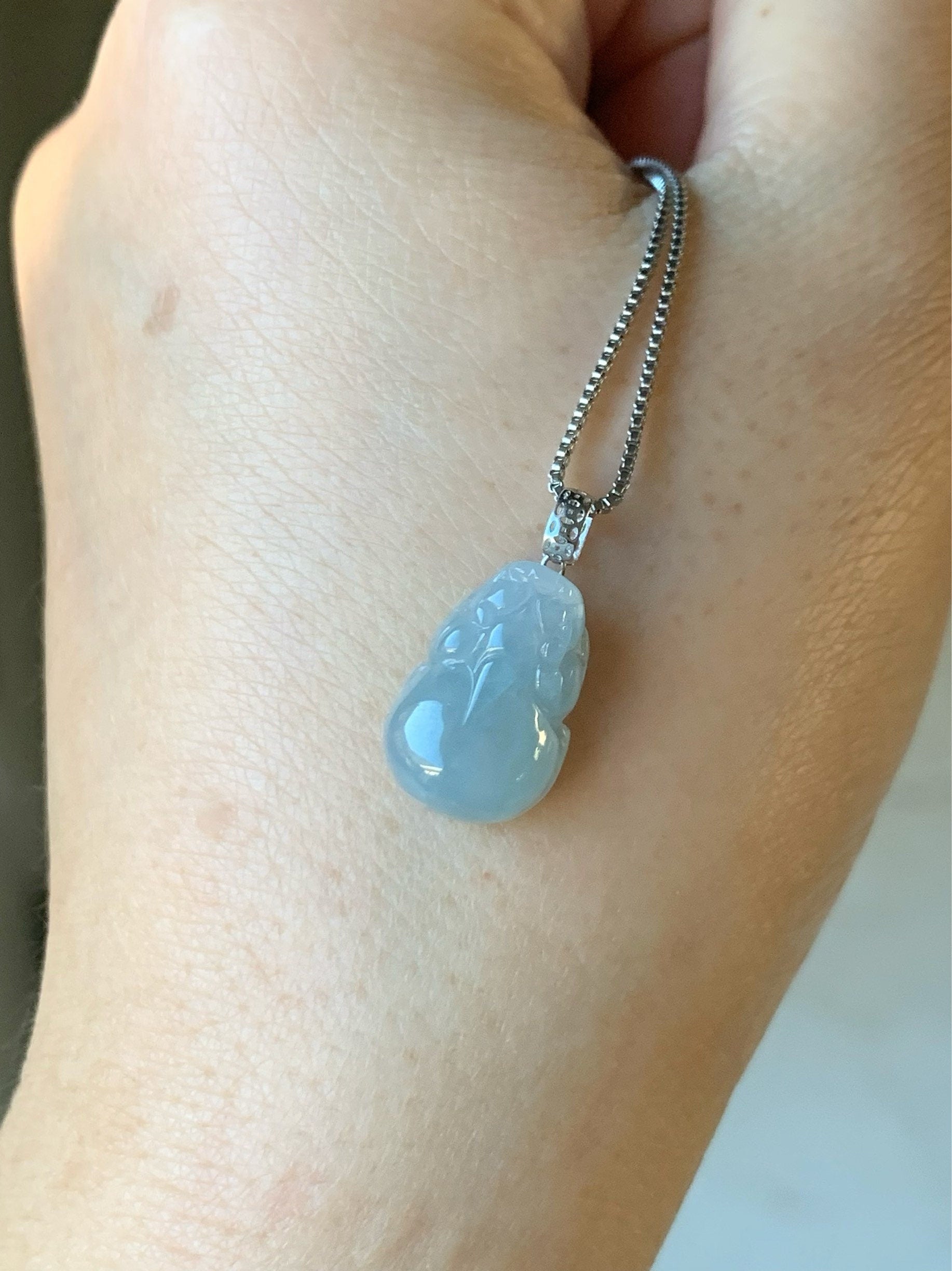 Natural Burmese Icy Translucent & Gelatinous Sky Blue Jadeite Pixiu Pendant 18K White Gold Bail 天然缅甸冰天空蓝翡翠貔貅吊坠