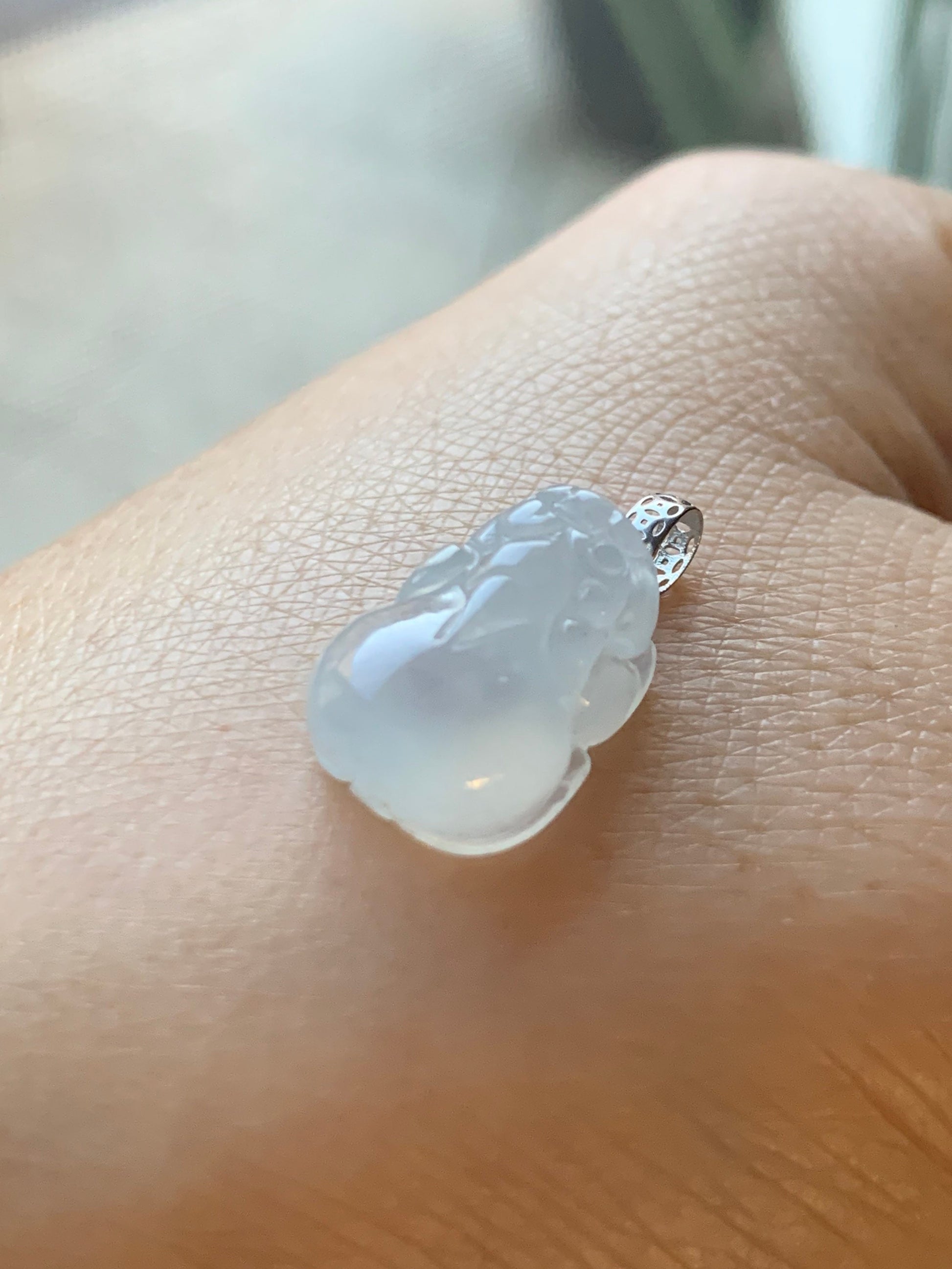 Natural Burmese Premium Icy Highly Translucent & Gelatinous White Jadeite Pixiu Pendant 18K White Gold Bail 天然缅甸起冰起光白冰翡翠貔貅吊坠