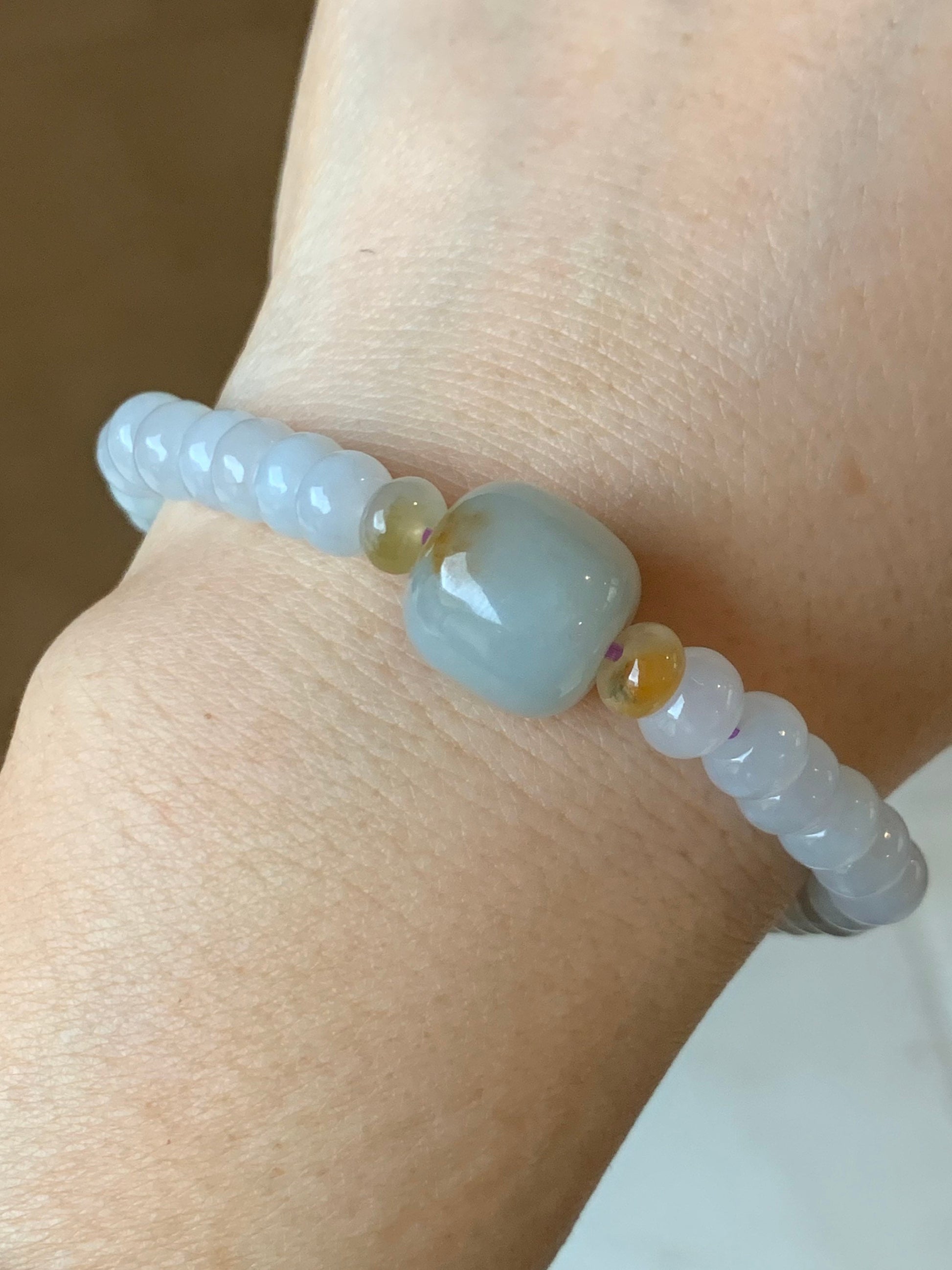 Natural Burmese Icy Translucent White Jadeite Flat Bead Large Sky Blue Jadeite Drum Bead Beaded Bracelet Stretchy 7” 天然缅甸白冰翡翠大卡算盘珠天空蓝撒金鼓珠手串