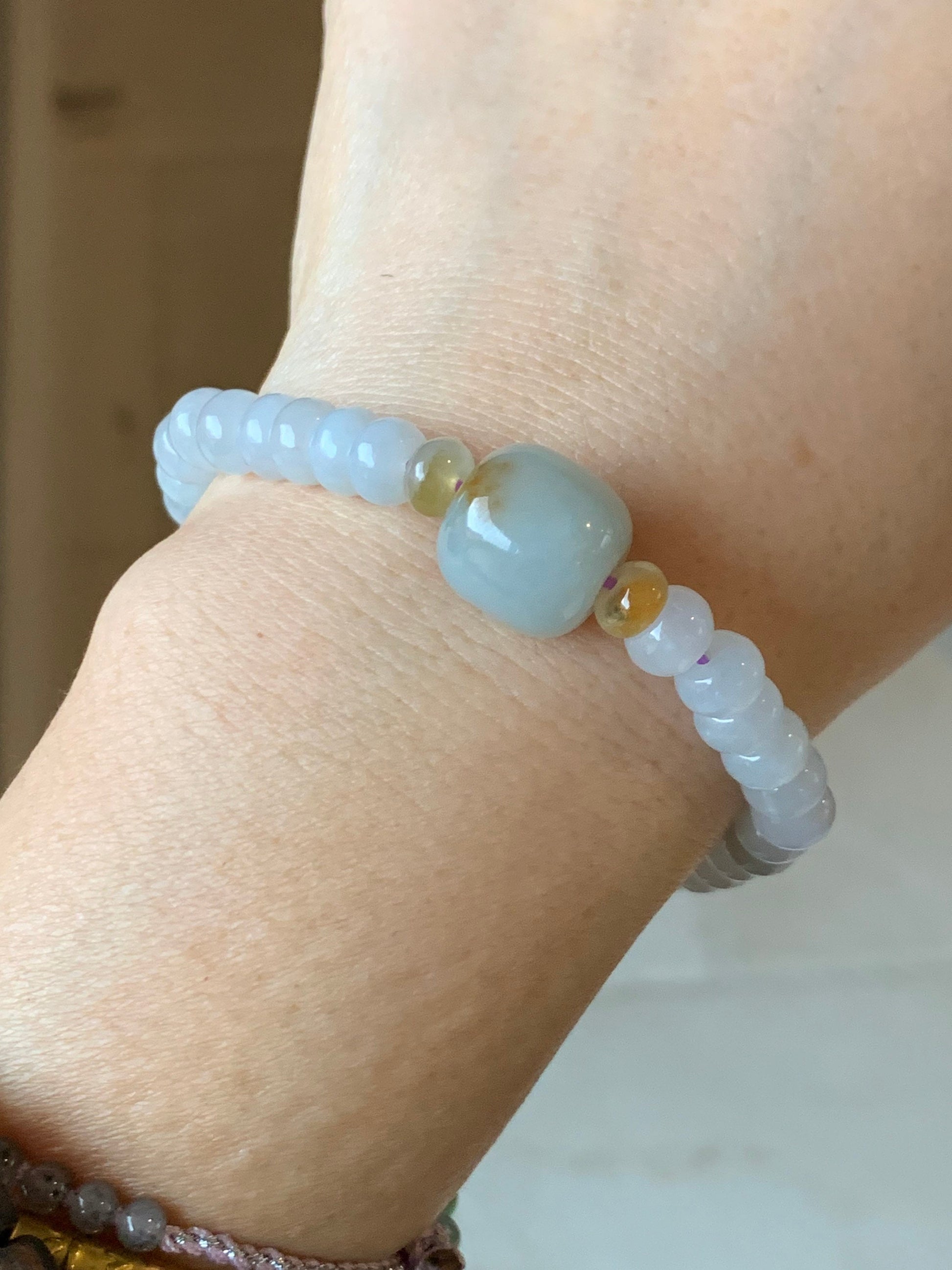 Natural Burmese Icy Translucent White Jadeite Flat Bead Large Sky Blue Jadeite Drum Bead Beaded Bracelet Stretchy 7” 天然缅甸白冰翡翠大卡算盘珠天空蓝撒金鼓珠手串
