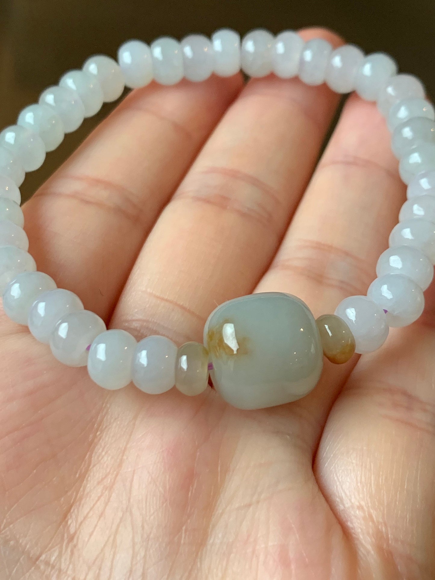 Natural Burmese Icy Translucent White Jadeite Flat Bead Large Sky Blue Jadeite Drum Bead Beaded Bracelet Stretchy 7” 天然缅甸白冰翡翠大卡算盘珠天空蓝撒金鼓珠手串