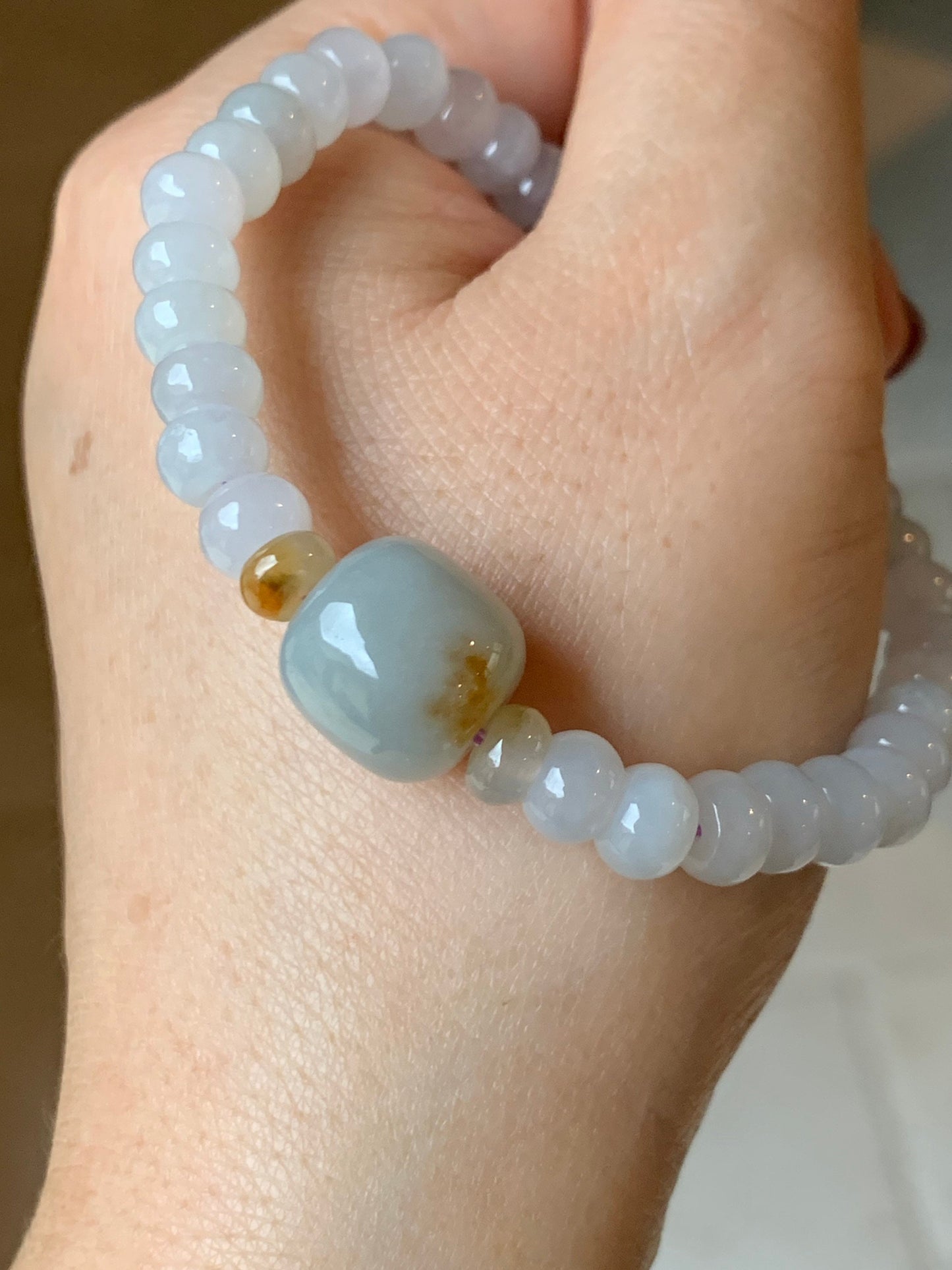 Natural Burmese Icy Translucent White Jadeite Flat Bead Large Sky Blue Jadeite Drum Bead Beaded Bracelet Stretchy 7” 天然缅甸白冰翡翠大卡算盘珠天空蓝撒金鼓珠手串