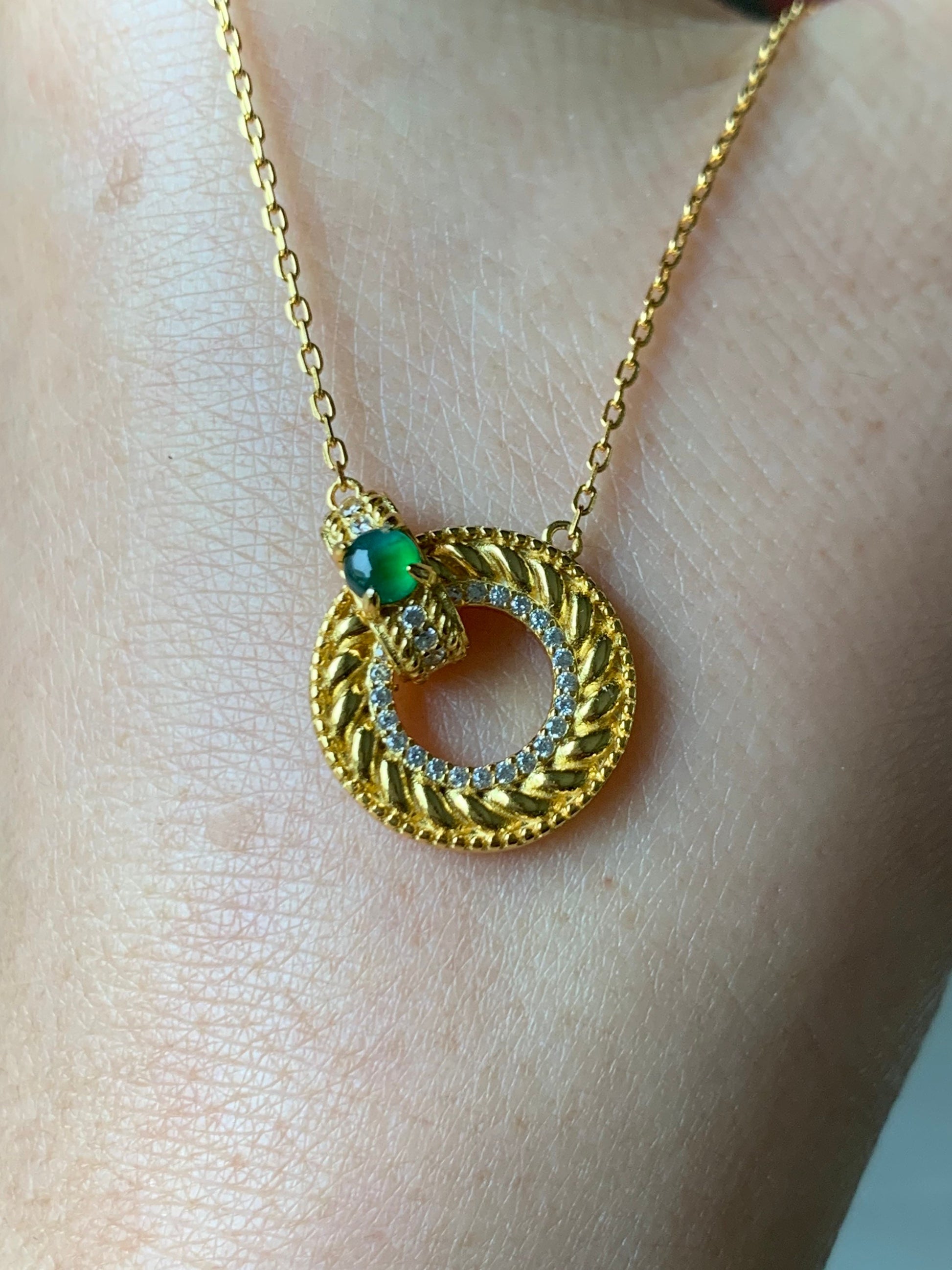 Natural Guatemalan Premium Vibrant Green Jadeite Ping An Kou Pendant and Chain S925 Silver w/ Yellow Gold Finish 天然高冰危绿翡翠银镶平安扣吊坠套链