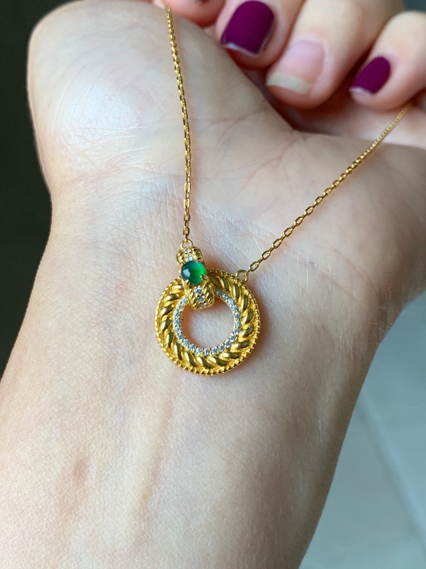 Natural Guatemalan Premium Vibrant Green Jadeite Ping An Kou Pendant and Chain S925 Silver w/ Yellow Gold Finish 天然高冰危绿翡翠银镶平安扣吊坠套链
