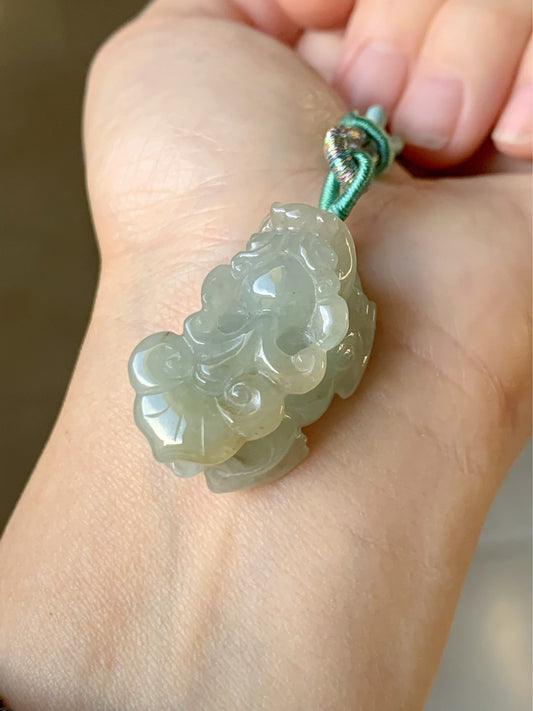 Large Natural Burmese Icy Translucent Light Green Golden Jadeite Male Pixiu Pendant Necklace 天然缅甸冰胶晴色翡翠带吧貔貅吊坠