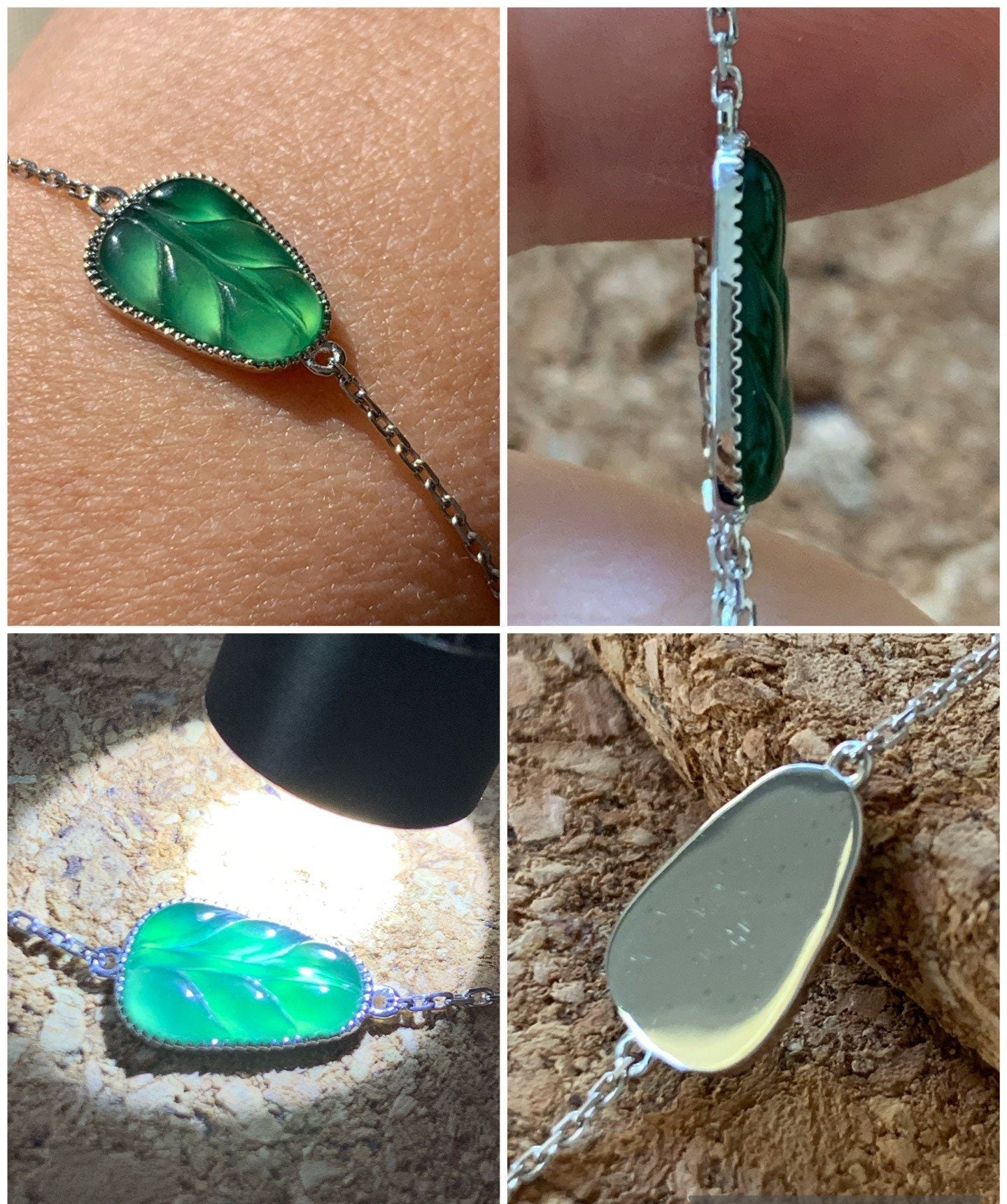 Certified Natural Guatemalan Premium Dark Green Jadeite Carved Leaf Bracelet 18K White Gold Adjustable 6-6.75” 天然冰危绿翡翠叶子镶嵌手链