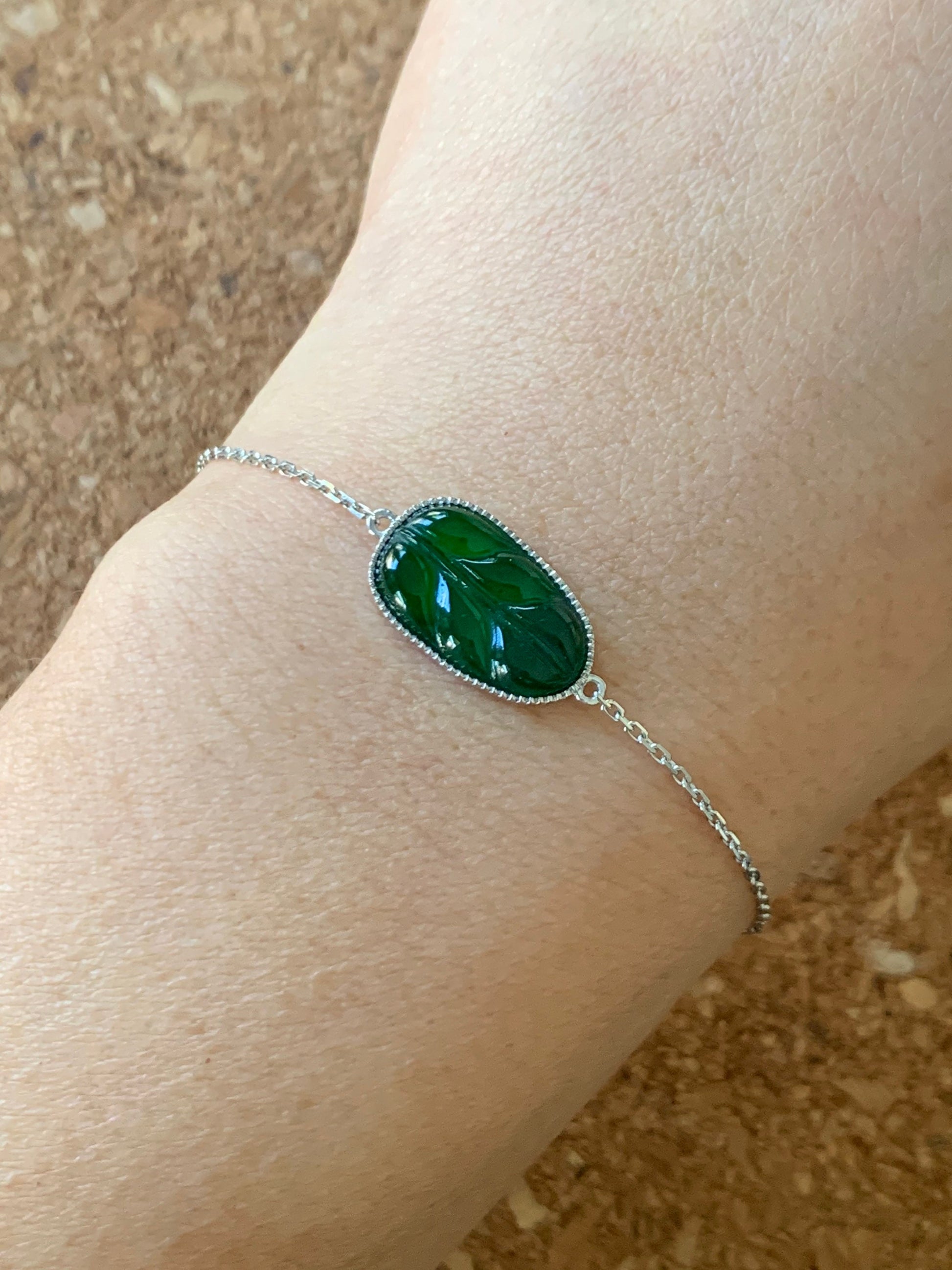 Certified Natural Guatemalan Premium Dark Green Jadeite Carved Leaf Bracelet 18K White Gold Adjustable 6-6.75” 天然冰危绿翡翠叶子镶嵌手链