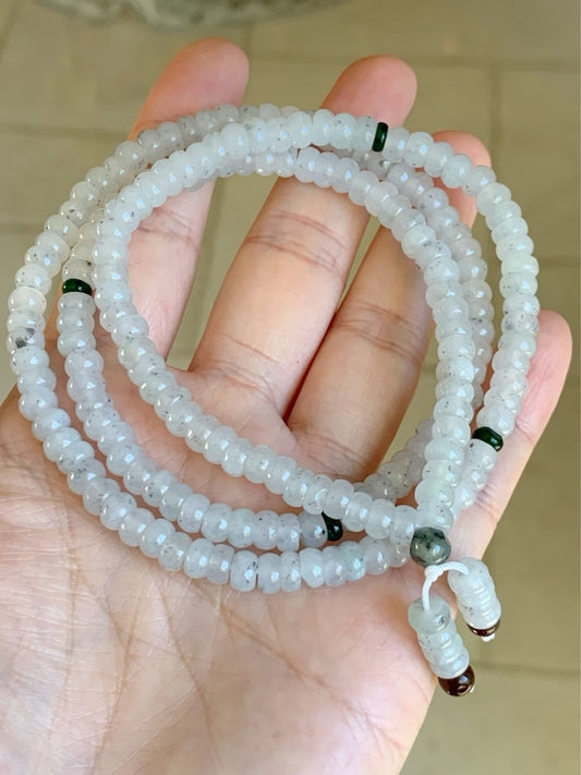 Natural Burmese Grade A Highly Translucent Gelatinous White Wuji Jadeite Flat Bead Beaded Necklace 24” 天然缅甸冰胶乌鸡翡翠算盘珠长链