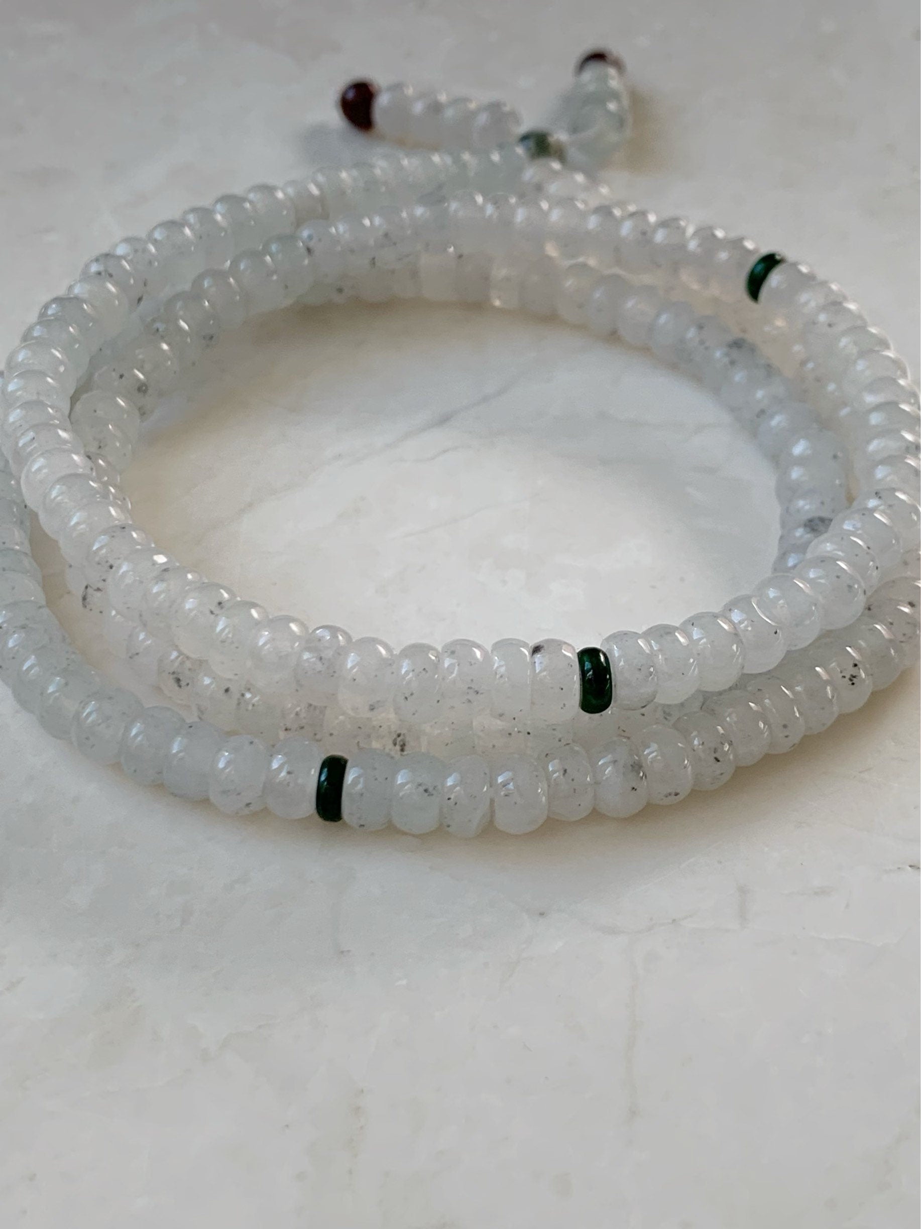 Natural Burmese Grade A Highly Translucent Gelatinous White Wuji Jadeite Flat Bead Beaded Necklace 24” 天然缅甸冰胶乌鸡翡翠算盘珠长链