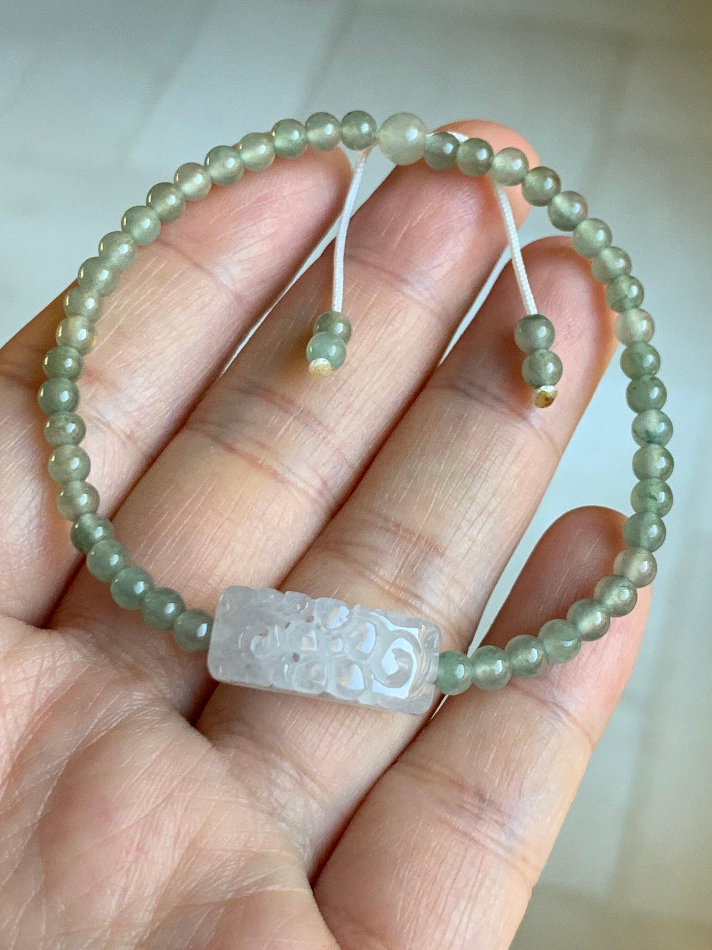 Natural Burmese Grade A Premium Icy Green Jadeite Openwork Engraving Icy White Bead Beaded Bracelet 7" 天然缅甸冰胶晴底翡翠起光白冰仿古镂空雕手牌手串